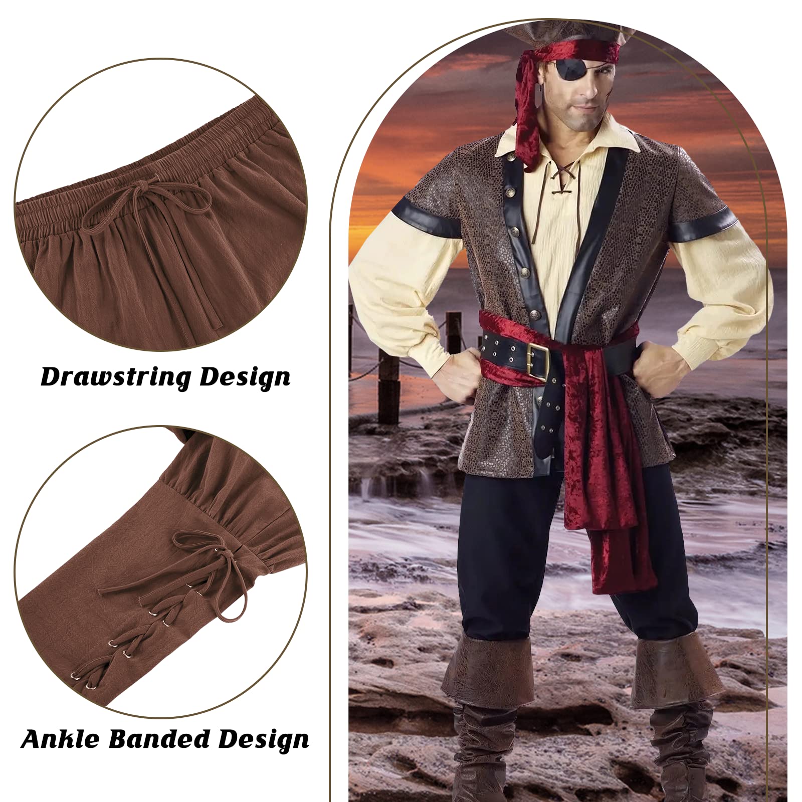 Men's Pirate Pants - Medieval Viking Navigator Cosplay Costume with Drawstrings & Ankle Bands | Renaissance Festival, Halloween Party & LARP Outfit
