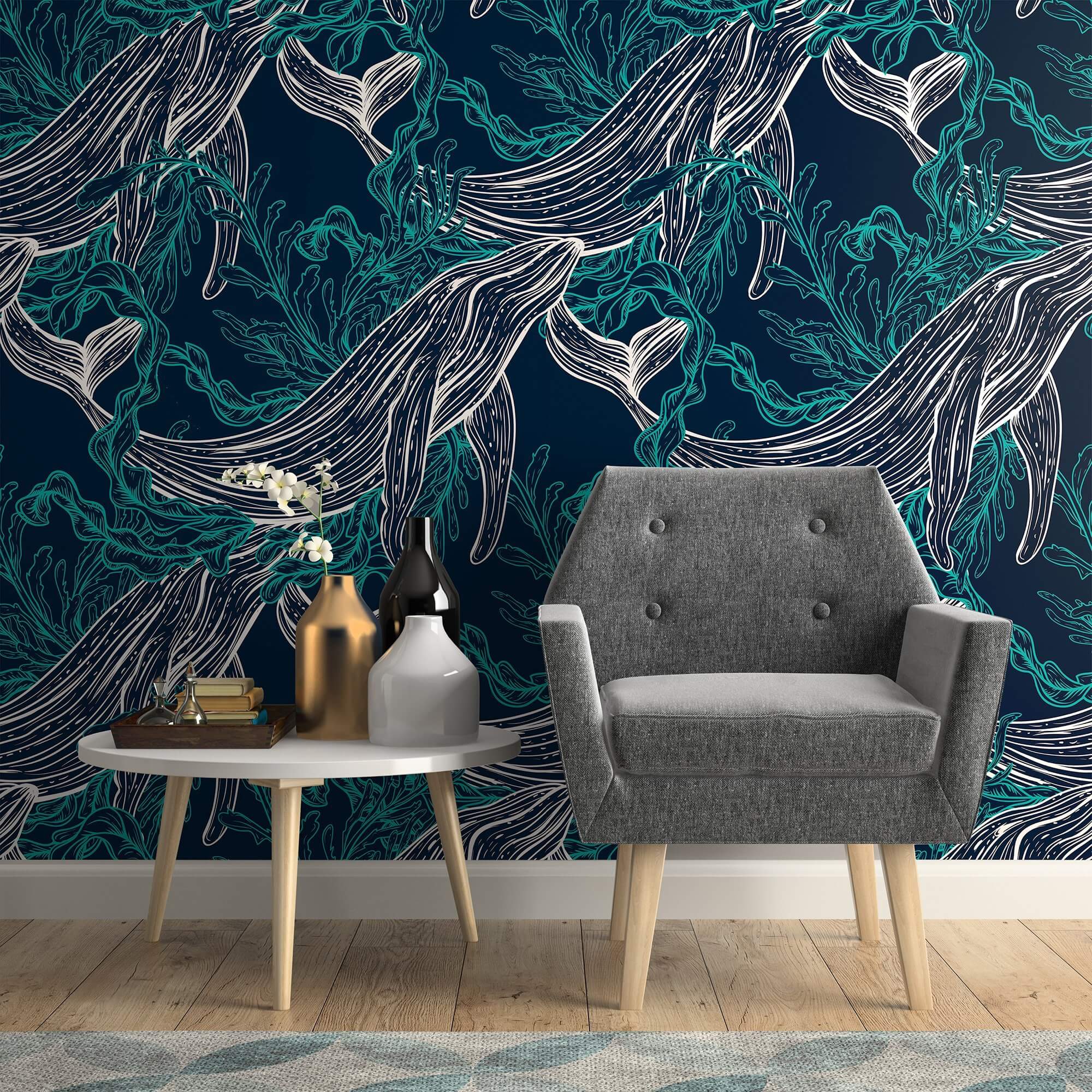 Blue and White Fish Nautical Peel and Stick Removable Wallpaper - Self-Adhesive Decorative Wall Covering for Bathroom, Nursery, Kitchen & Bedroom - Waterproof DIY Home Decor (Style 9958)