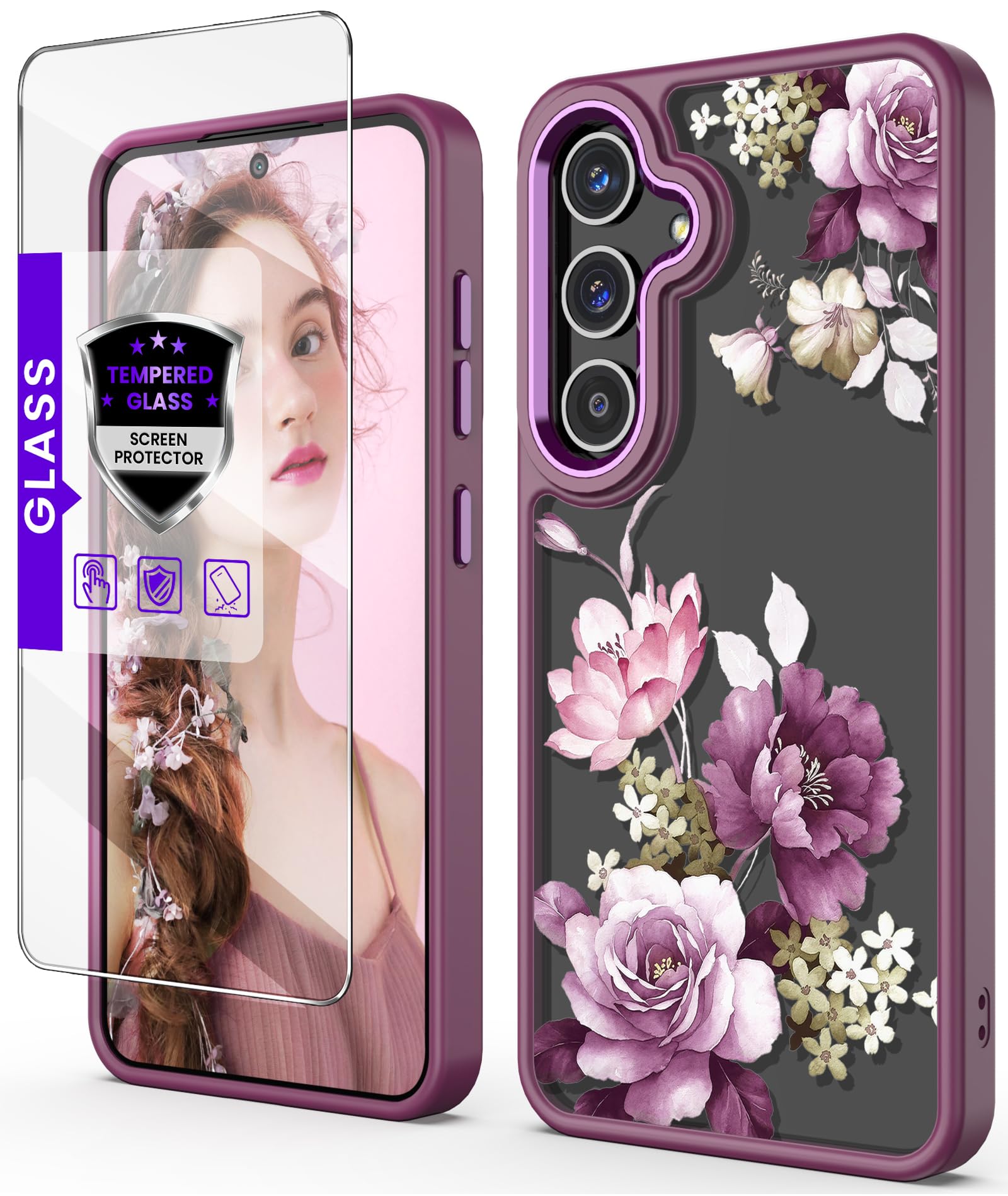 Samsung Galaxy S24 Plus Case with Tempered Glass Screen Protector | Military Grade Protective Cover for Galaxy S24+ 5G | Slim Soft TPU & Hard PC Hybrid Design | Crystal Clear Flower Pattern Purple Case for Women | Perfect for Daily Use, Travel & Outdoor Protection