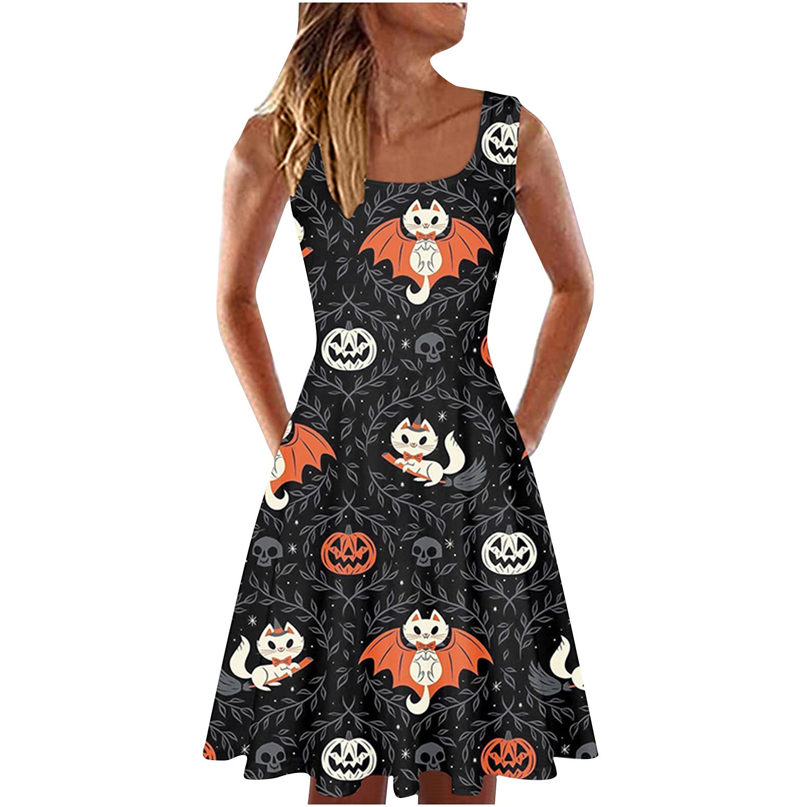 Trendy Women's Summer Sleeveless Dress - Halloween Print O-Neck Loose Comfortable Dress - 2022 Fashion Mother's Day Gift - Perfect for Beach, Party & Casual Wear