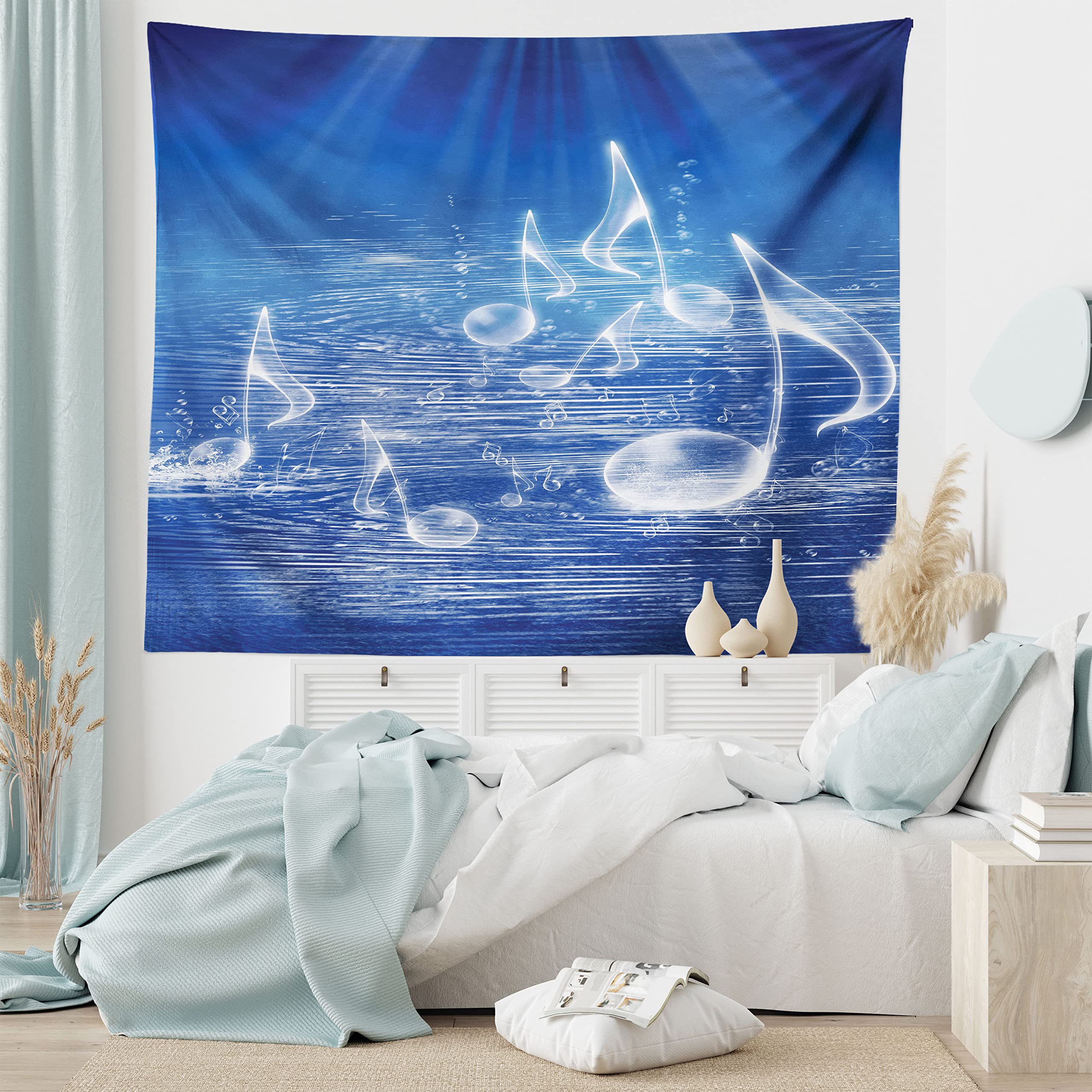 Ambesonne Music Themed Tapestry - Water Musical Notes & Dancing Waves Fantasy Design, Blue & White Fabric Wall Hanging Decor for Bedroom, Living Room, Dorm (28x23 Inches) - Perfect for Music Lovers' Room Decor & Boho Style Home Aesthetics