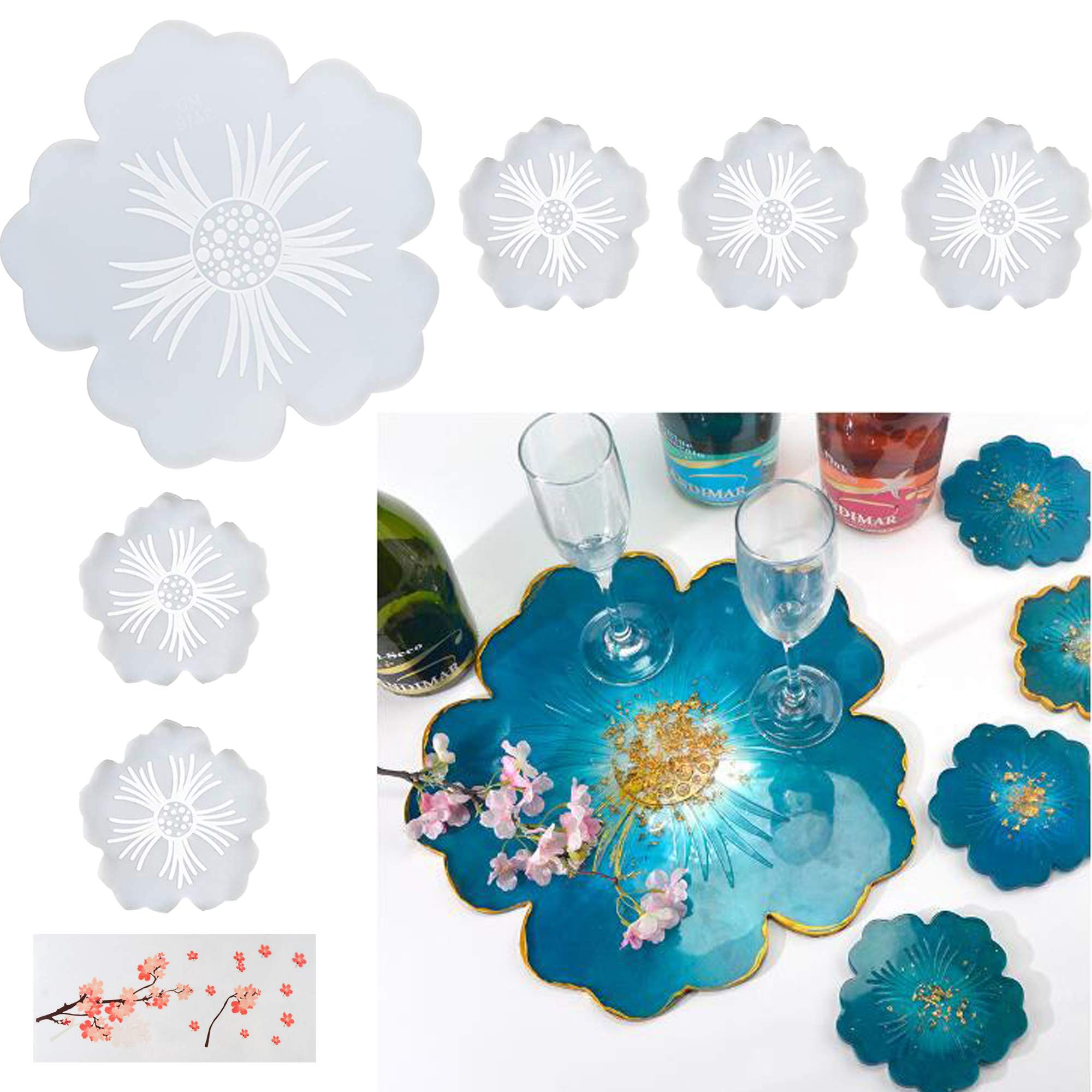 Large Silicone Flower Resin Coaster Molds Kit - 6pcs DIY Epoxy Resin Casting Trays for Agate Coasters, Home Decor & Craft Projects - Perfect for Wedding Favors, Gifts & Table Decorations