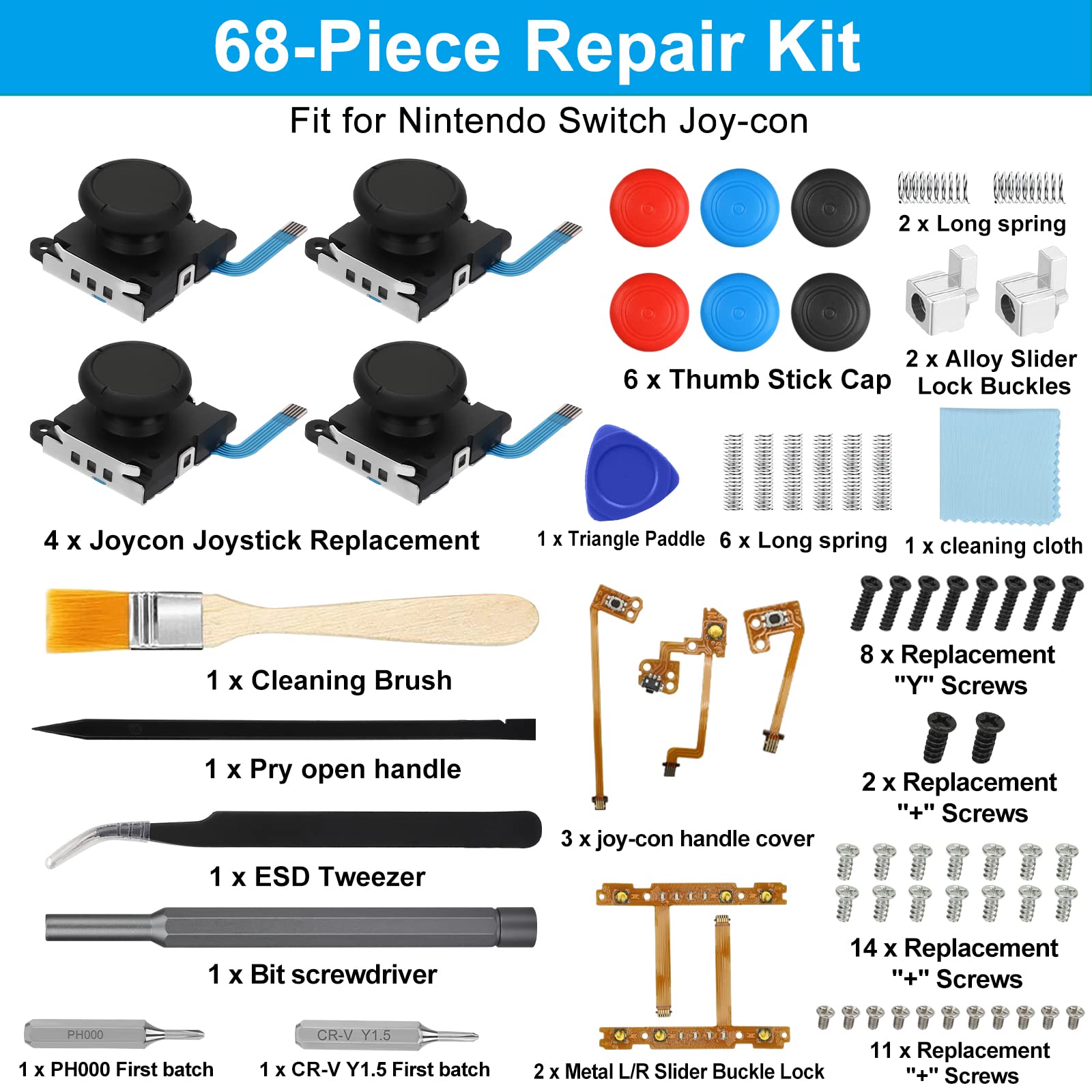 EEEKit 68 in 1 Nintendo Switch Joy-Con Repair Kit - 3D Left & Right Analog Joysticks Set with Screwdriver Opening Tool - Perfect for DIY Switch Controller Repairs & Maintenance