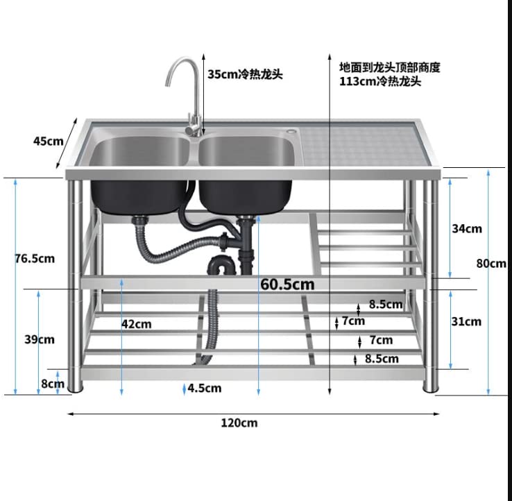 DNYSYSJ 304 Stainless Steel 2-Bowl Commercial Kitchen Sink with Dual Drainers & Shelves, Freestanding Utility Sink for Restaurants, Food Prep, and Heavy-Duty Use