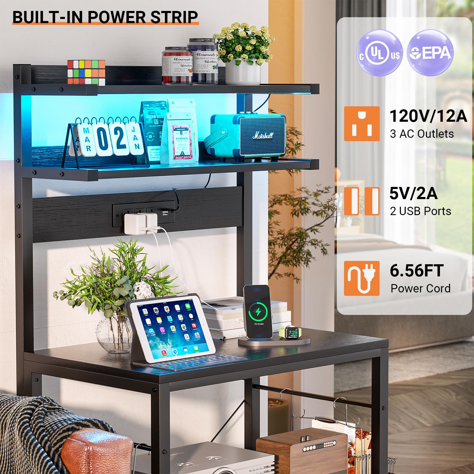 Aheaplus 5-Tier Bakers Rack with Power Outlet & LED Lights - Microwave Stand, Coffee Bar Station, Kitchen Storage Shelf with 6 S-Hooks - Organize Spices, Pots & Pans - Perfect for Small Kitchens, Dining Rooms & Coffee Bars (Black)
