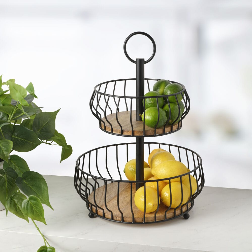 Savannah 2-Tier Wooden Fruit Basket - Organize Fresh Fruits & Vegetables in Kitchen, Pantry, or Dining Table Display