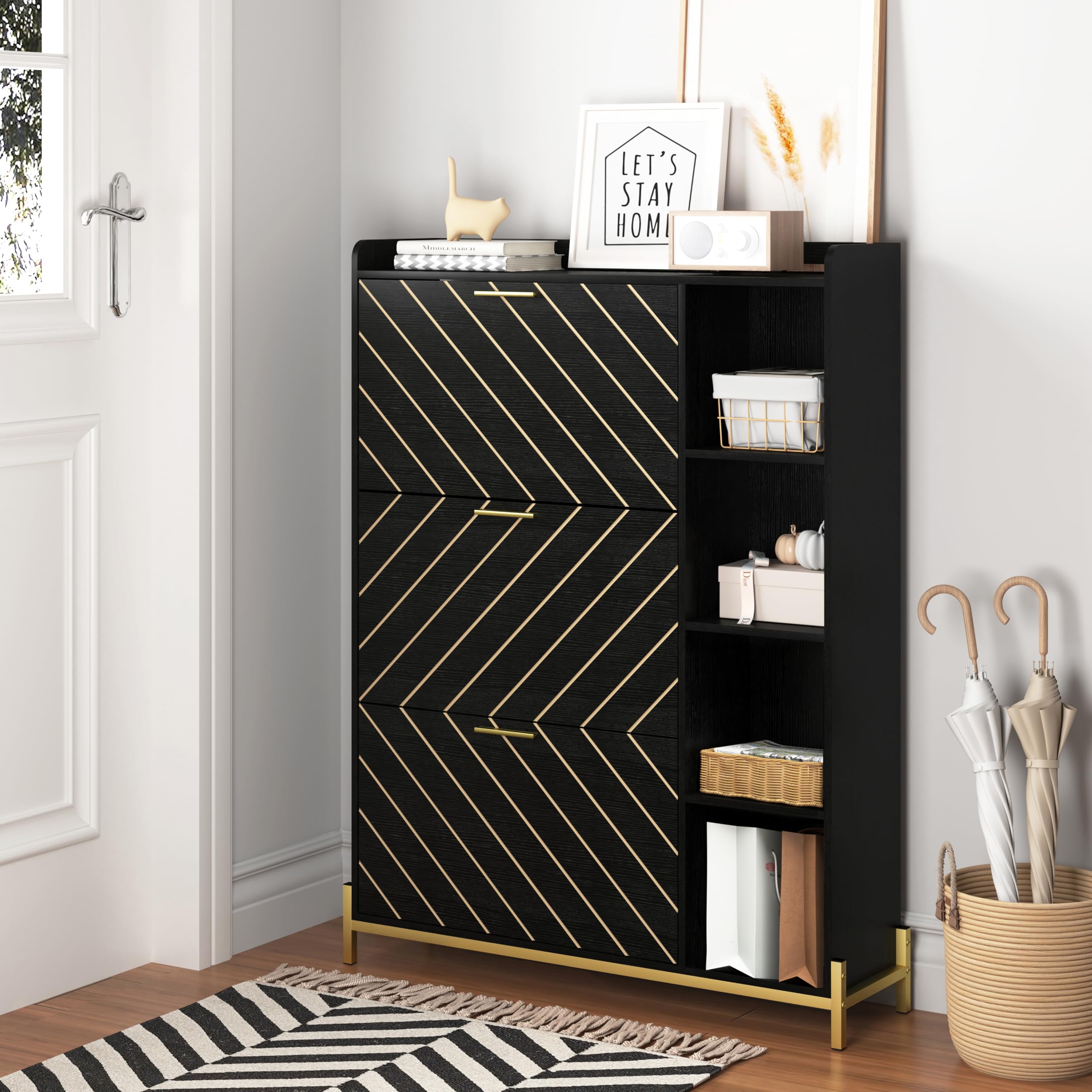 Wooden Shoe Cabinet Organizer with 3 Flip Drawers & 2 Adjustable Shelves - Open Storage Rack for Entryway, Closet, or Door Entrance - Perfect for Heels, Boots, Slippers & Narrow Spaces (Black) - Ideal for Small Apartments, Mudrooms & Organized Home Entryways