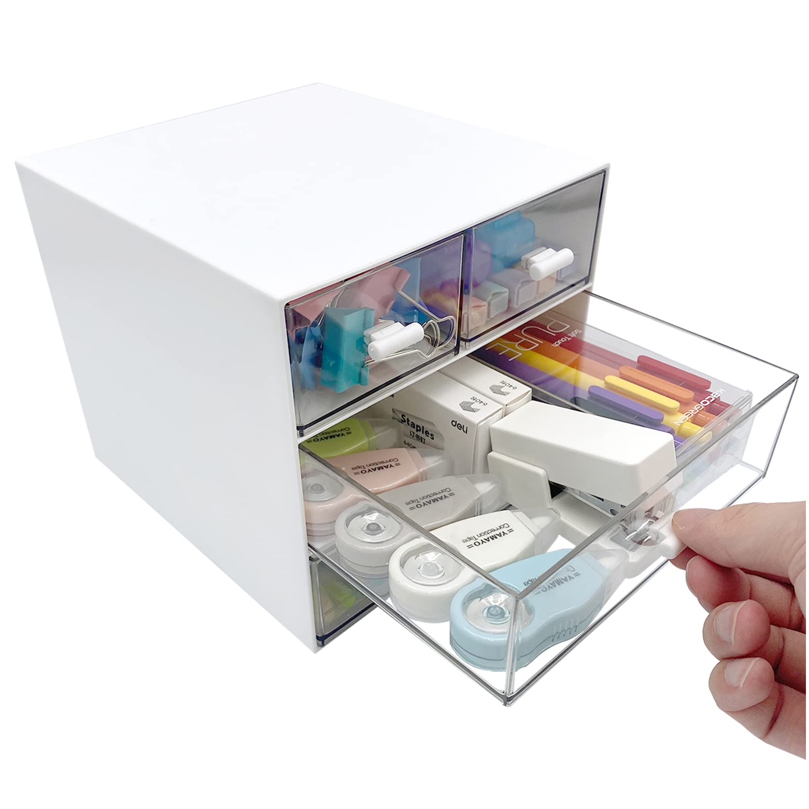 4-Drawer Makeup Organizer & Desk Storage Box - White Cosmetic Vanity Organizer for Bathroom Counter, Dresser, or Office Desk - Perfect for Makeup Brushes, Jewelry, and Small Accessories Storage