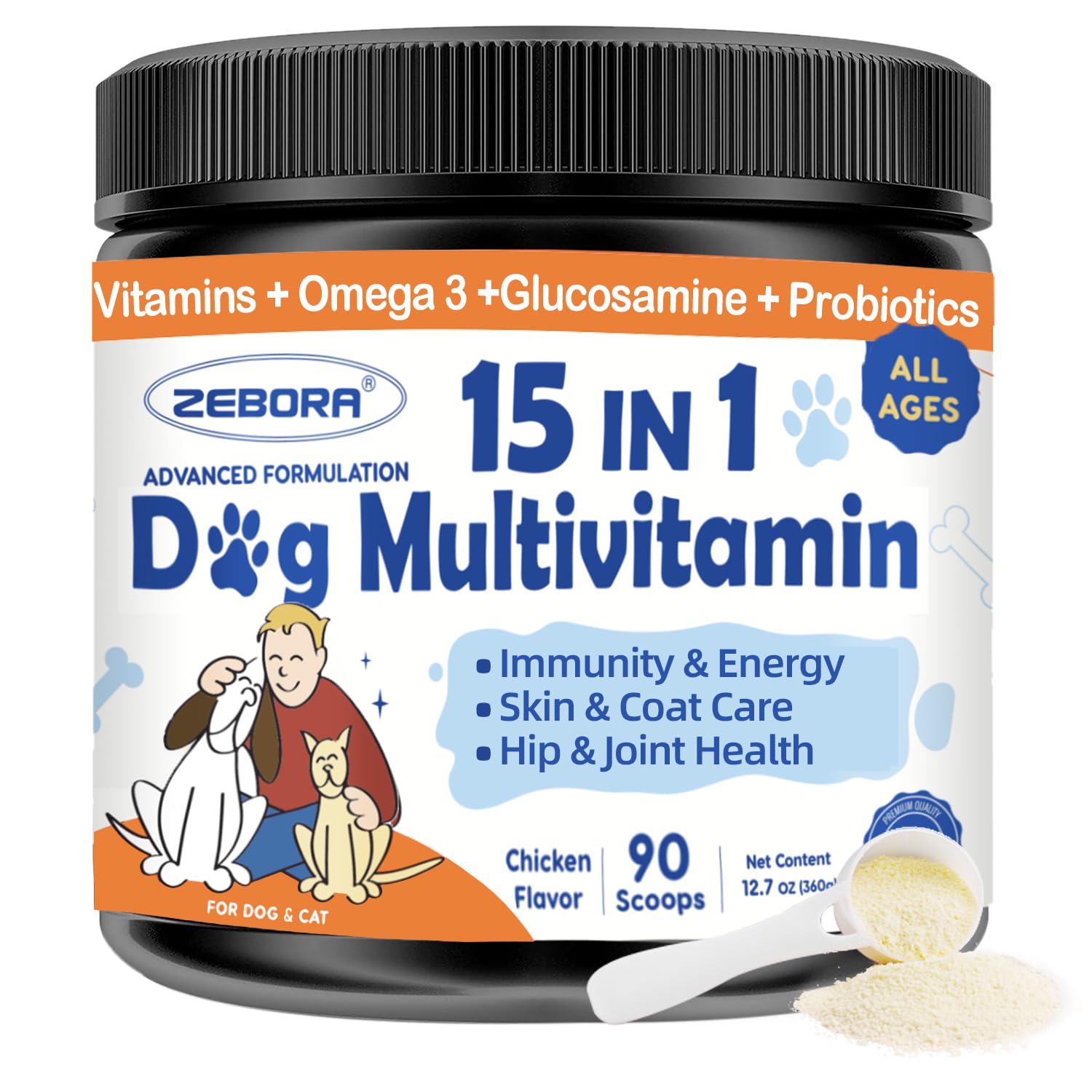 Premium Dog Multivitamin Powder with Glucosamine & Omega 3 - Immune Support, Skin & Coat Supplement for Allergy Relief - Probiotics for Digestive Health - Ideal for Active Dogs & Senior Pets