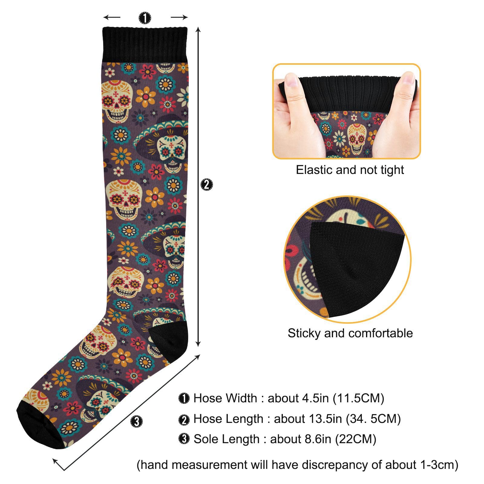 JUNZAN Sugar Skulls Knee High Compression Socks for Men & Kids - Running, Sports & Nurse Socks (One Size Fits Most) - Perfect for Halloween, Workouts & Medical Professionals