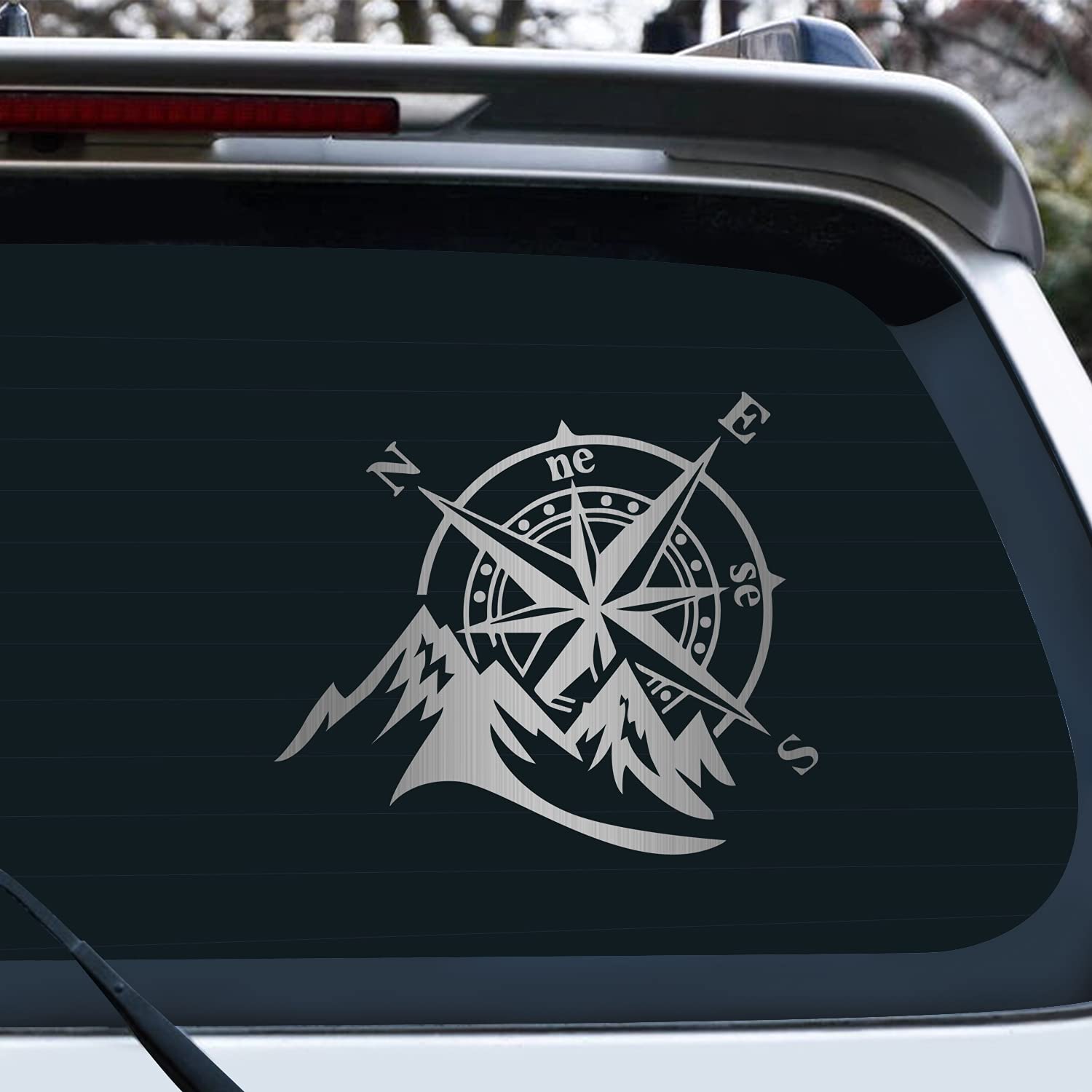 2-Pack Mountain Compass Vinyl Decals - Waterproof Car Stickers for Windows, Bumpers, Laptops, Skateboards, Motorcycles, SUVs & Trucks - Brushed Silver Outdoor Adventure Decoration for Travel Enthusiasts