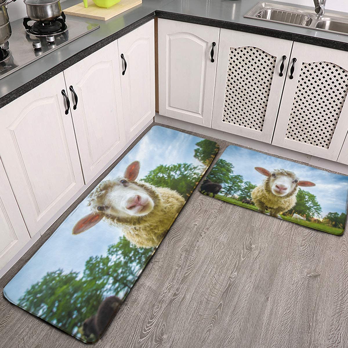 Funny Sheep & Goat Kitchen Rugs Set of 2 - Non-Slip Cushioned Anti-Fatigue Floor Mats for Kitchen, Home & Office - Soft Standing Desk Mat with Adorable Animal Design - Perfect for Cooking Areas, Entryways & Workspaces