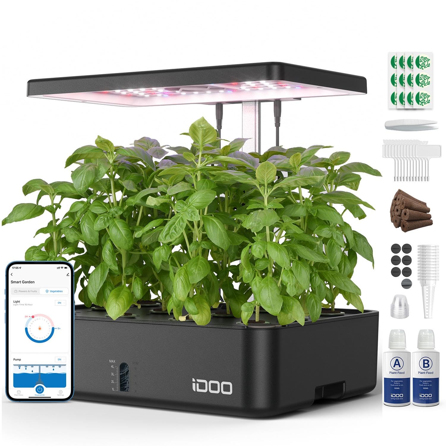 iDOO 12-Pod Hydroponics Growing System Kit with LED Grow Light, Built-in Fan & Auto Timer - Indoor Herb Garden for Home, Adjustable Height up to 11.3