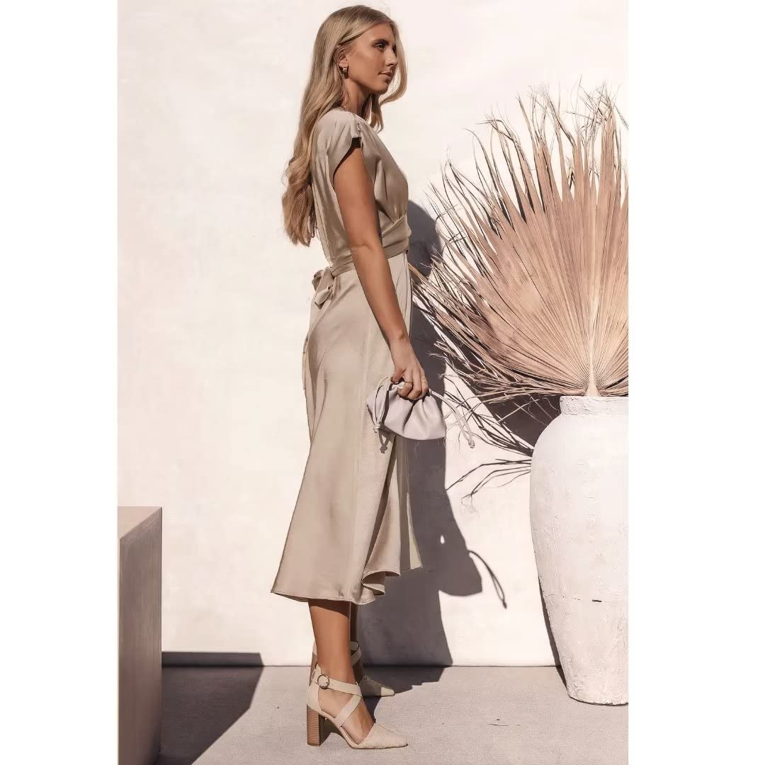 Elegant Satin Midi Dress for Women - 2025 Summer & Spring Wedding Guest Dress with Sleeve Tie Waist | Perfect for Garden Parties, Bridal Showers & Formal Occasions
