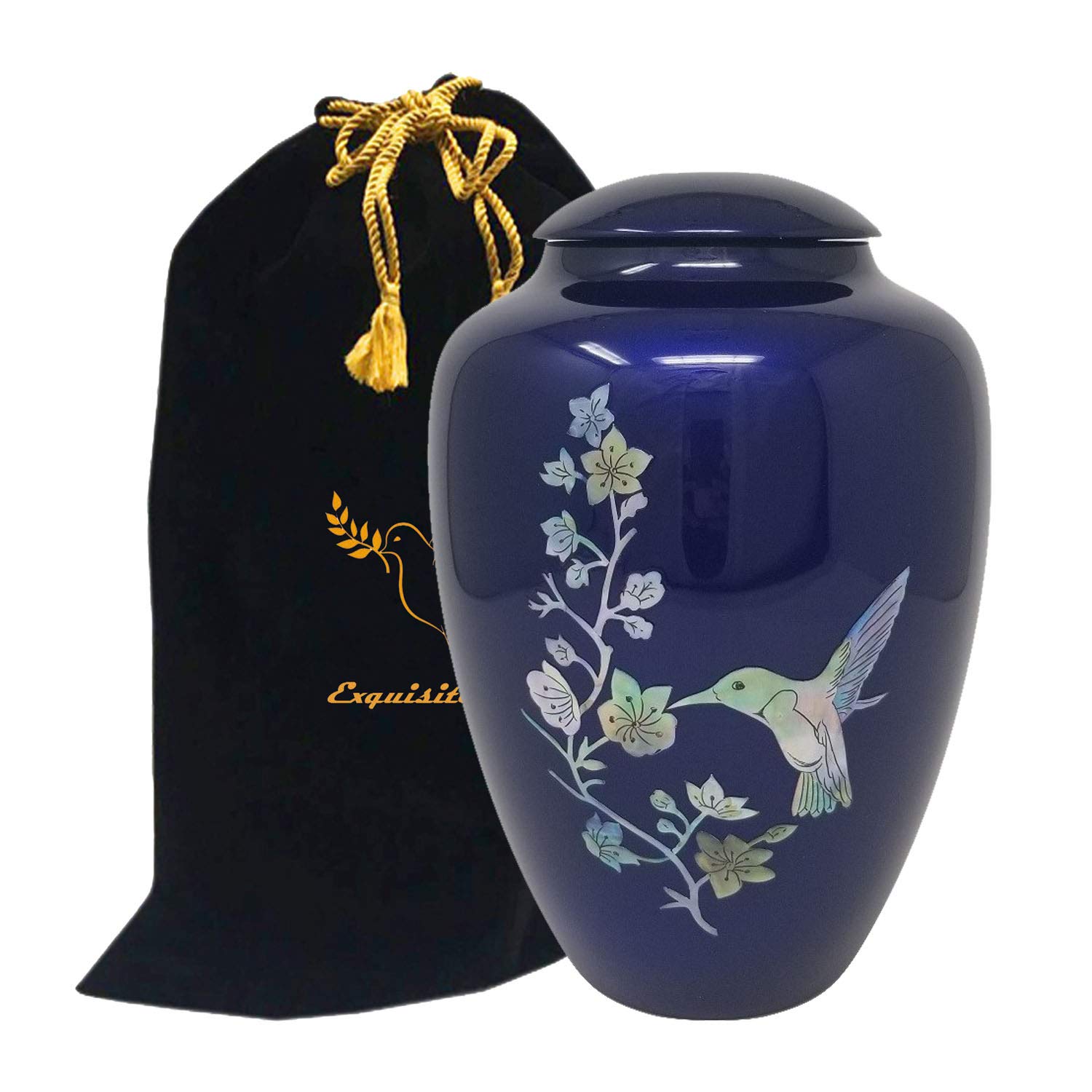 Handcrafted Fiber Glass Cremation Urn with Mother of Pearl Finish - Lightweight Adult Funeral Urn for Ashes - Includes Free Velvet Bag & Ash Bag (Blue Hummingbird Design) - Perfect for Memorial Services, Home Display & Honoring Loved Ones