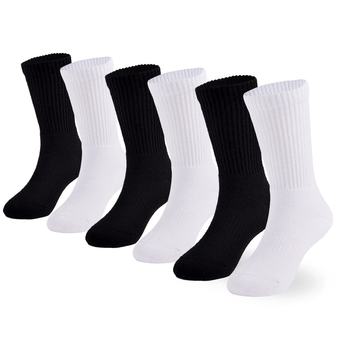 Marchare Boys & Girls Athletic Running Socks - 6 Pack Thick Cotton Cushioned Crew Socks for Kids (Black/White) - Perfect for Sports, School & Daily Activities