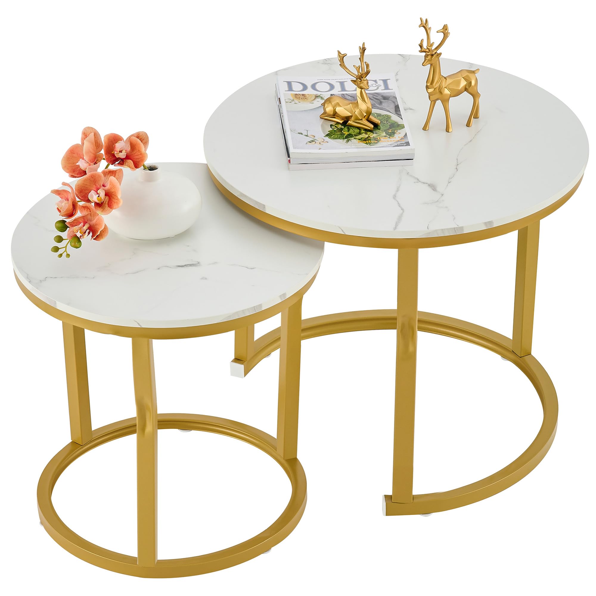 Hoctieon Round Nesting Coffee Tables Set of 2 - Wooden Table Top with Gold & White Finish - Modern Stacking End Tables for Living Room, Bedroom or Office - Perfect for Small Spaces and Stylish Home Decor