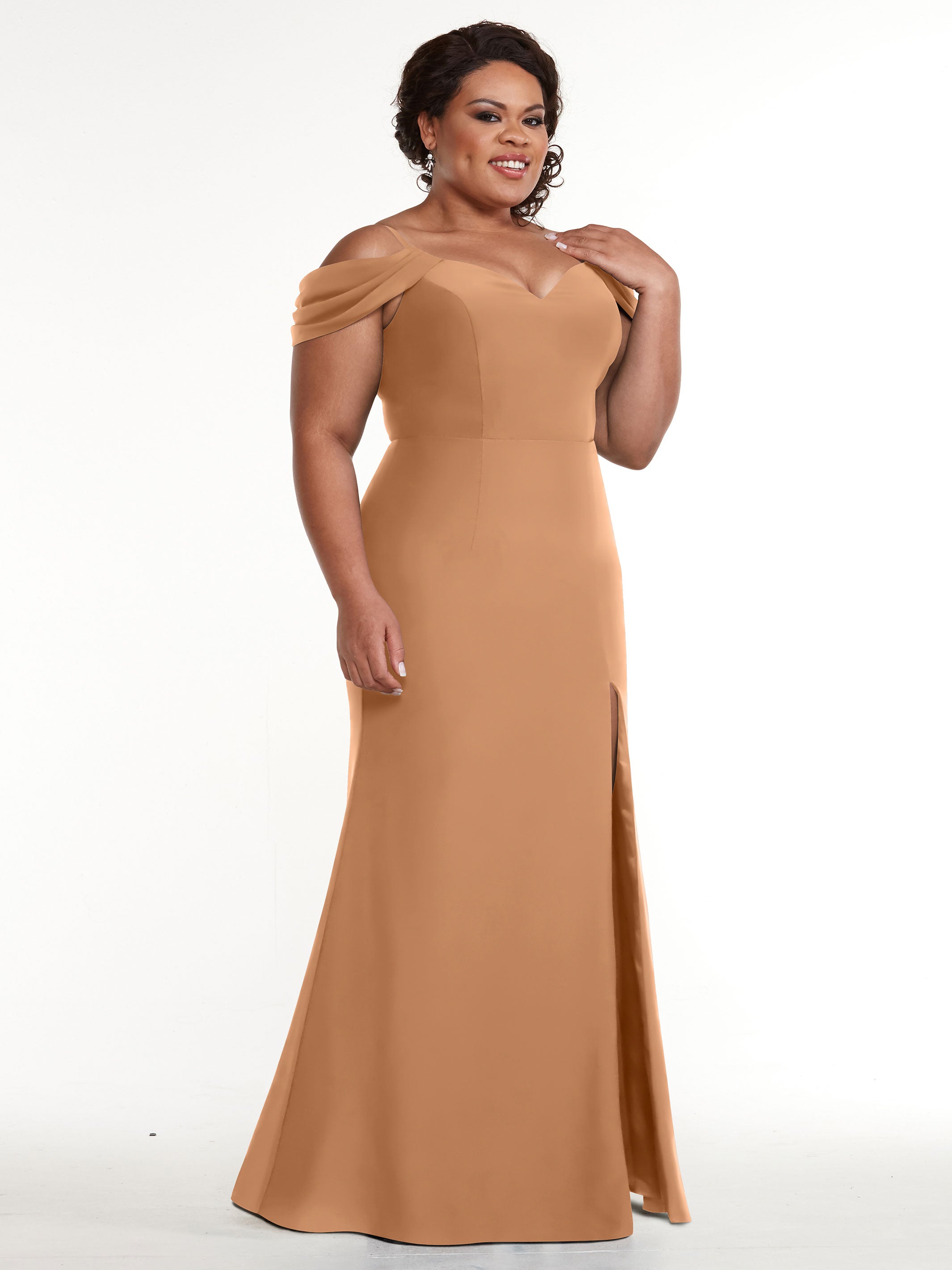 Elegant 83029 Fitted Stretch Chiffon Off-The-Shoulder Bridesmaid Dress with High Slit - Perfect for Weddings, Prom & Formal Events