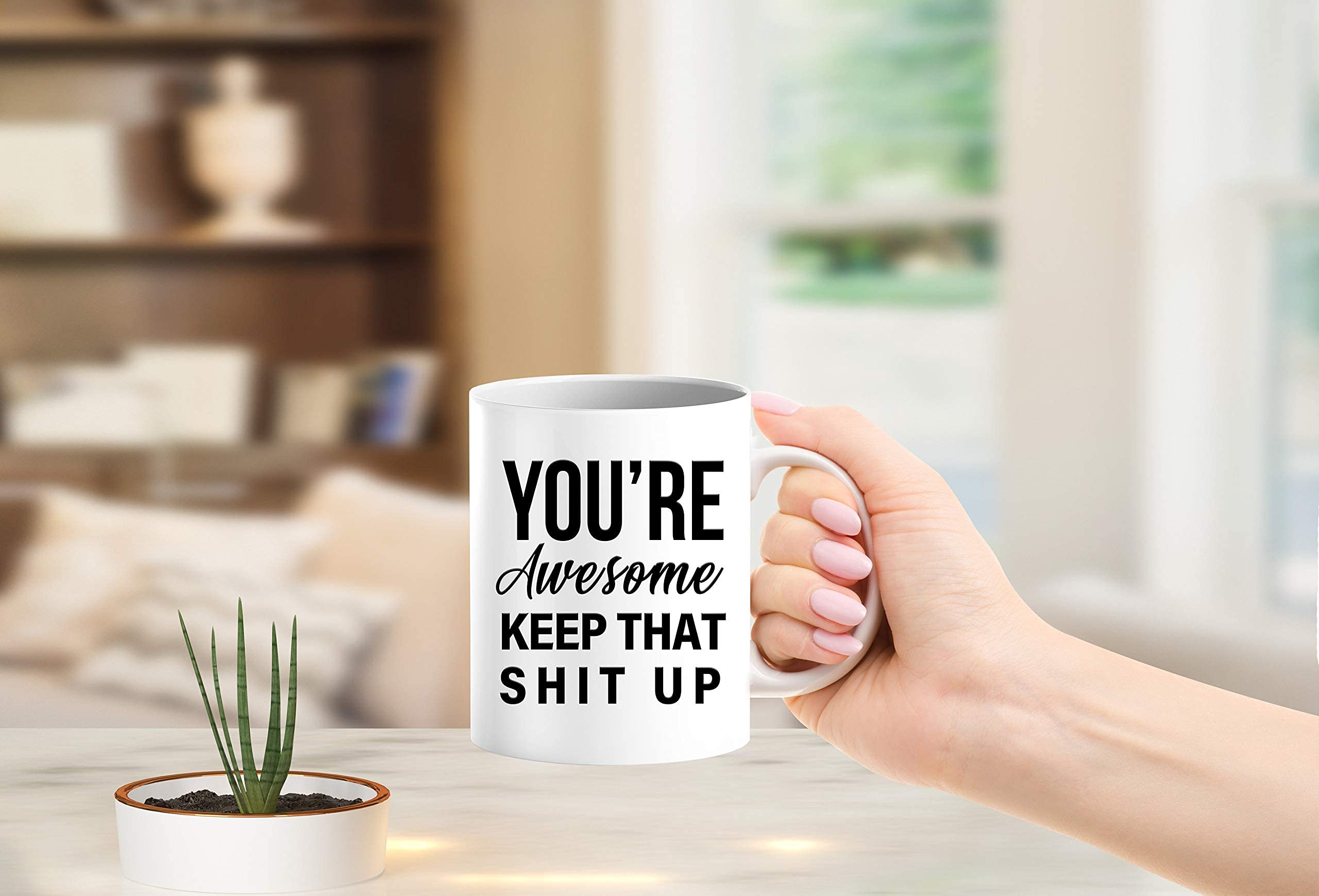 11oz Heat Sensitive Color Changing Coffee Mug - Funny 'You're Awesome Keep That Up' Ceramic Cup - Perfect Gift for Men, Women & Coffee Lovers - White Tea Mug for Office, Home & Gifts