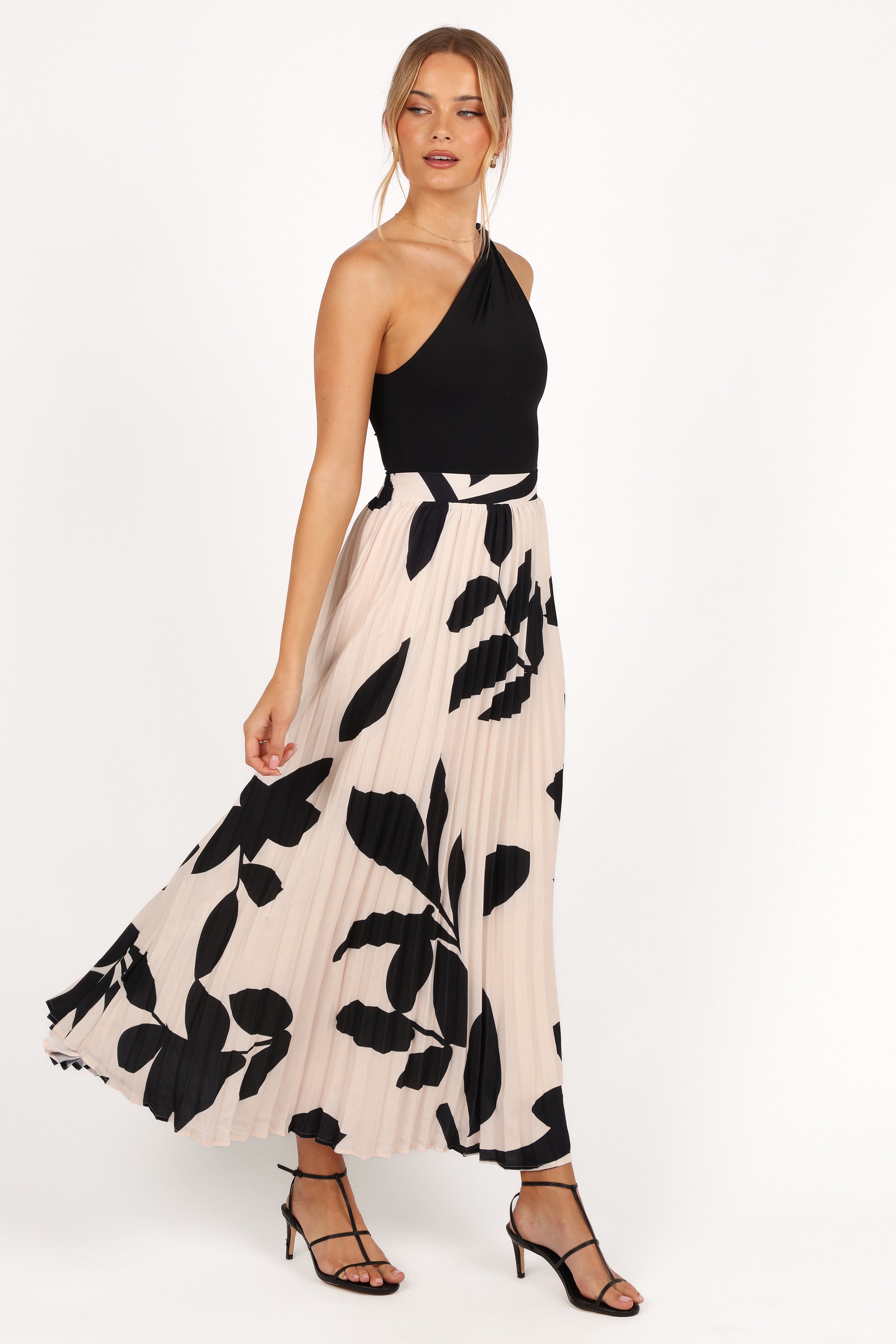 Aurora Pleated Maxi Skirt for Women - Cream Black Floral Print, High Waist Elegant Long Skirt for Spring Summer, Perfect for Beach, Party, and Casual Outfits