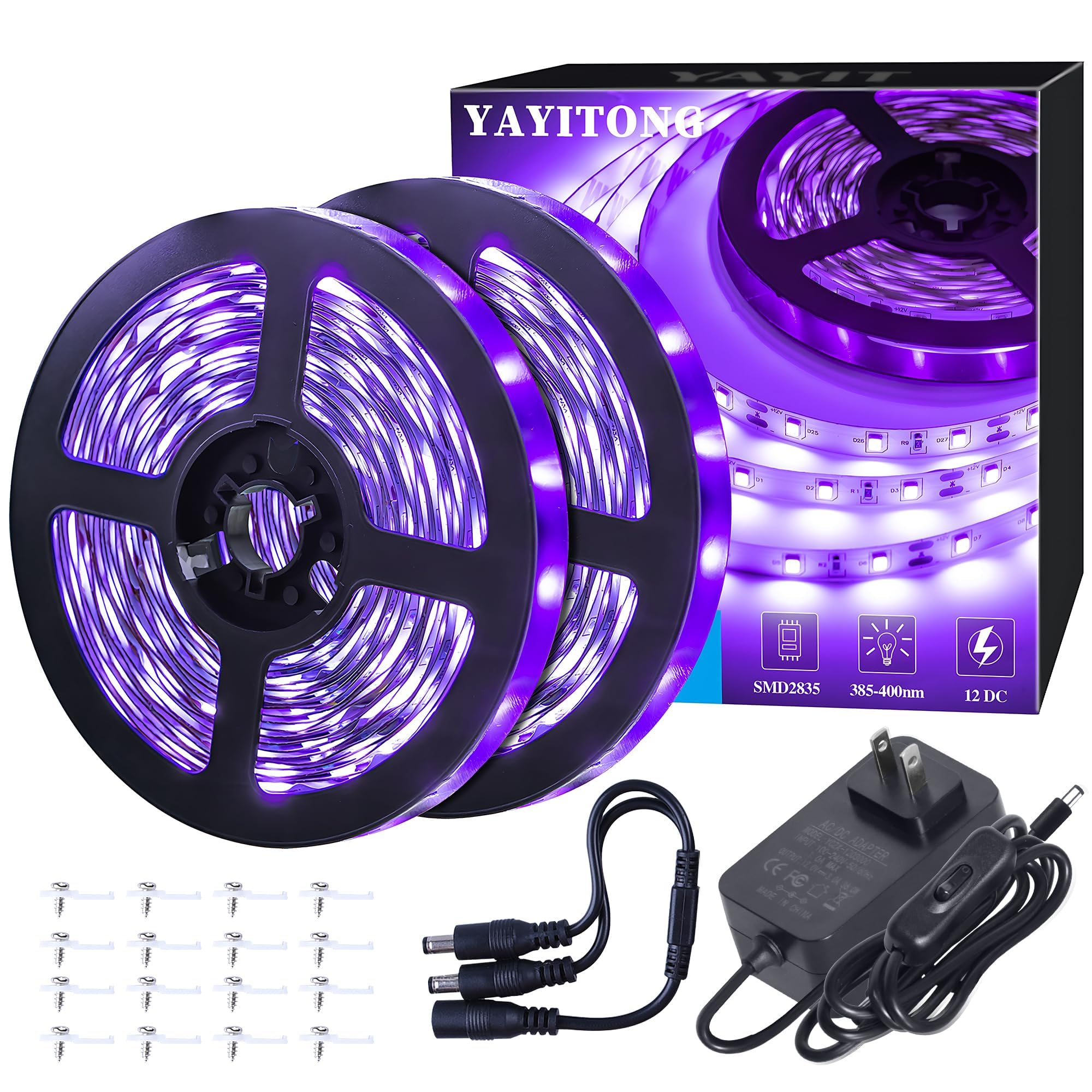 40ft Black Light LED Strip Kit - 720 LEDs, 12V Flexible UV Blacklight for Glow Parties, Halloween Decor, Body Paint & Stage Effects (Non-Waterproof)