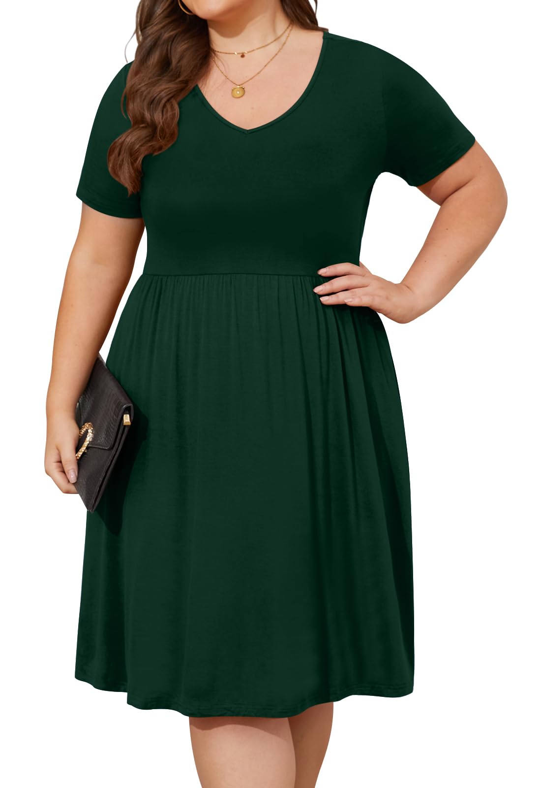 DB MOON Women's Plus Size Summer Casual Dress 2025 - V Neck Short Sleeve Knee Length Dress with Pockets (XL) | Perfect for Beach Outings, Picnics & Summer Parties