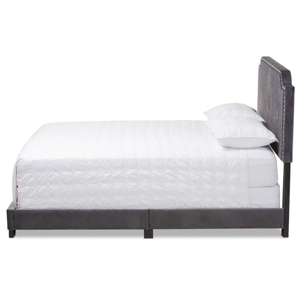 BOWERY HILL Velvet Nailhead Upholstered King Bed Frame in Grey - Luxurious Upholstered Bed for Master Bedroom, Guest Room & Modern Home Decor