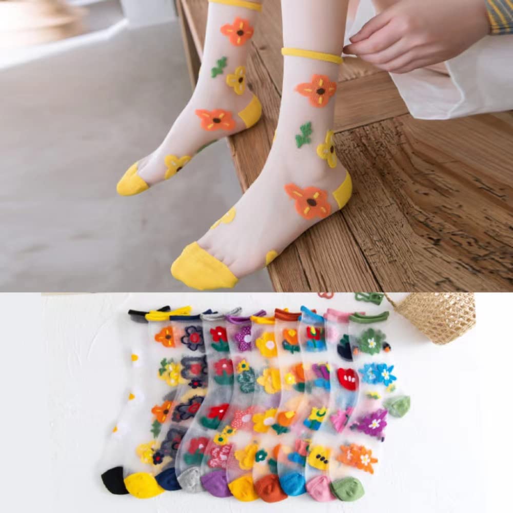 5 Pairs Women's Summer Thin Breathable Floral Silk Socks - Mesh Lace Jacquard Sheer Transparent Crystal Socks for Casual Wear, Office & Special Occasions