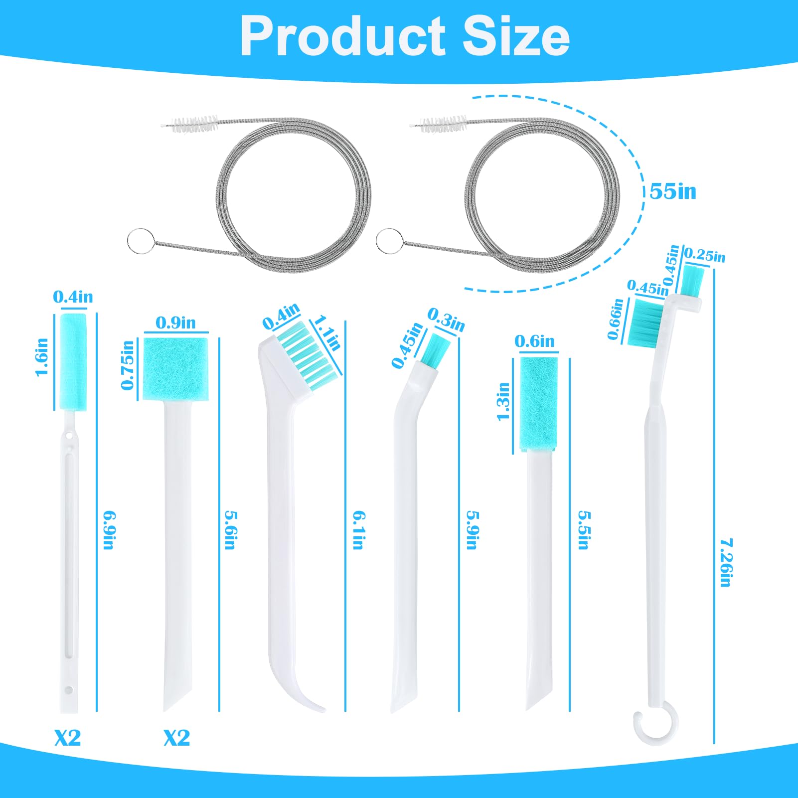 XANGNIER Ice Machine Cleaner Brush Kit - 2 Extra Long Pipe Drain Cleaners & 8 Small Crevice Brushes for Countertop Ice Maker Cleaning - Perfect for Tight Spaces and Hard-to-Reach Areas - Ideal for Home, Office, and Commercial Use