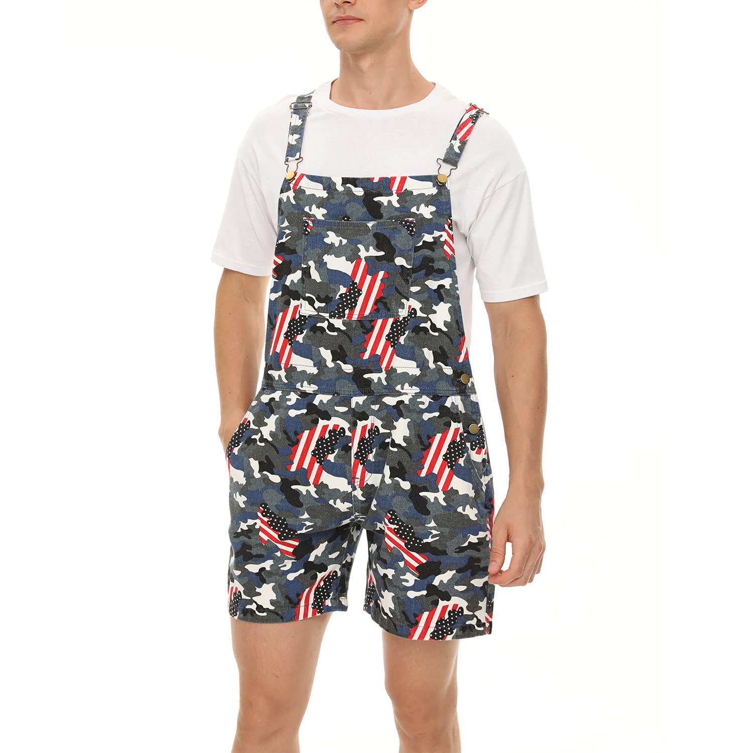 American Flag Denim Overalls Shorts for Men & Women - Adjustable Strap Casual Romper Jumpsuit - Perfect for 4th of July, BBQ Parties & Patriotic Events