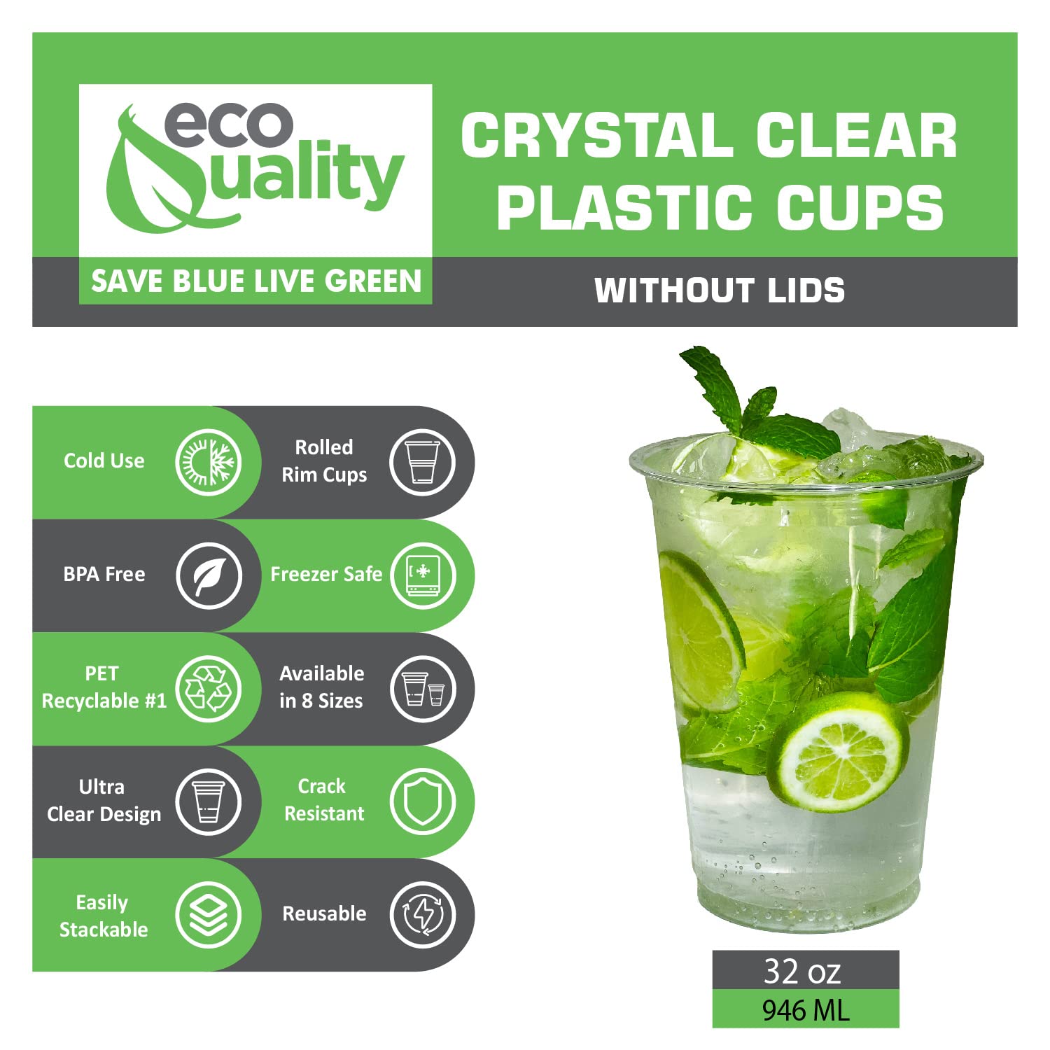 32 oz Clear Plastic Disposable Cups - 500 Pack | Crystal Clear PET Cold Drink Cups for Smoothies, Iced Coffee, Juice, Soda & Cocktails | Perfect for Parties, Meal Prep, Restaurants & Cafes | BPA-Free Reusable Drinking Cups