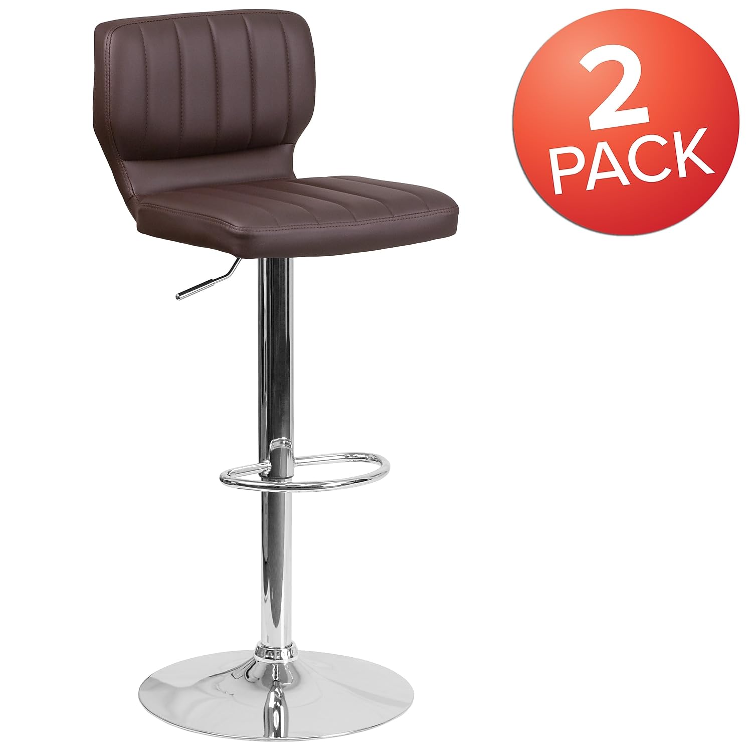 Flash Furniture Samantha 2-Pack Adjustable Height Bar Stools - Contemporary Brown Vinyl Upholstery with Vertical Stitch Back & Chrome Base - Perfect for Kitchen Islands, Home Bars & Counter Seating