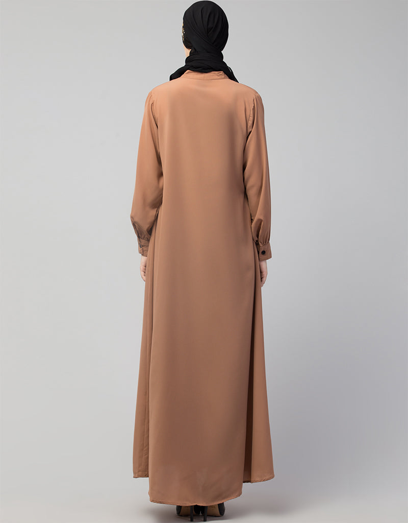 Elegant Black Embroidered Arabic Front Open Casual Abaya in Skin Color - Perfect for Daily Wear, Prayer, and Special Occasions