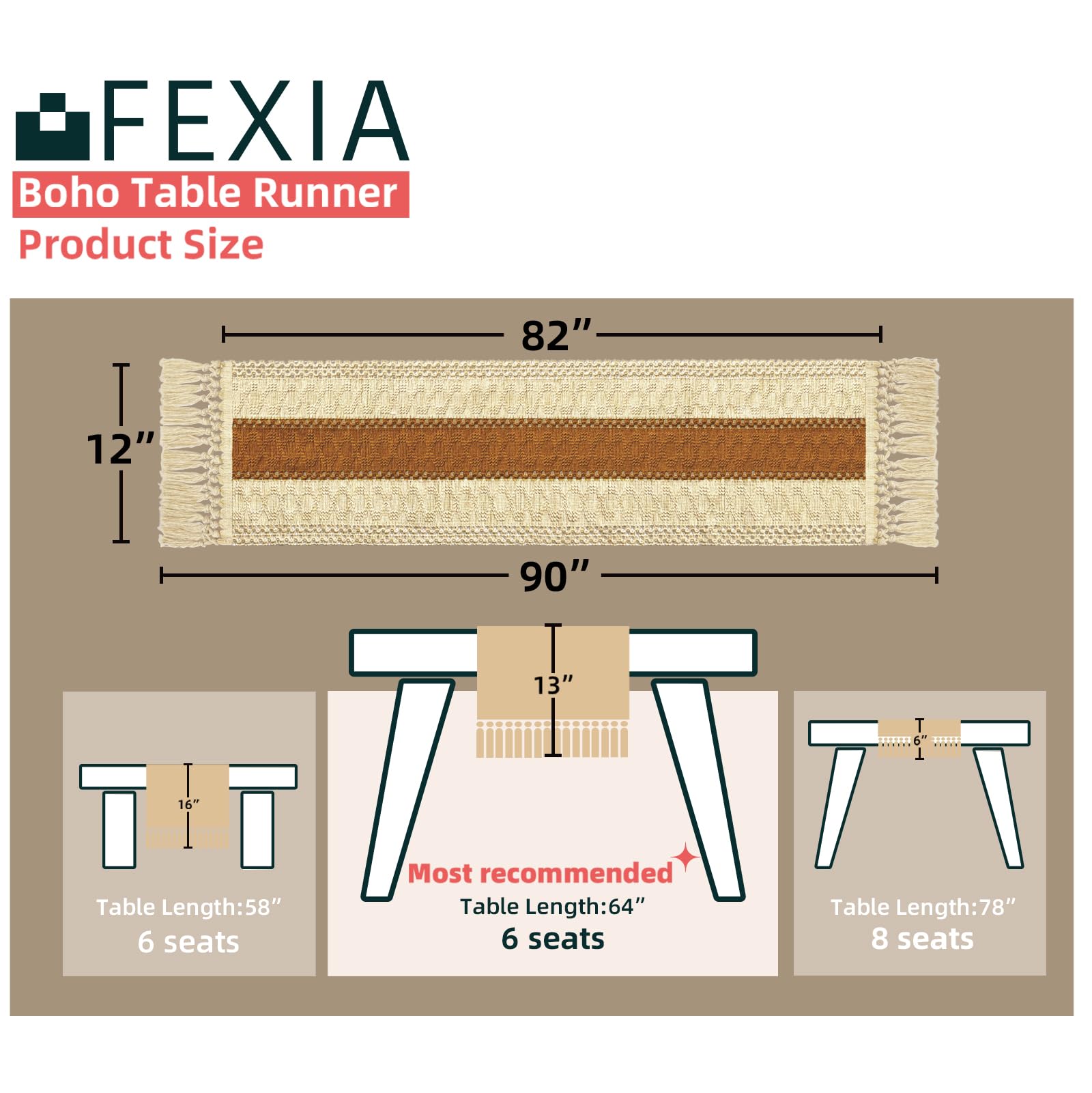 FEXIA 90 Inch Macrame Table Runner with Tassels - Bohemian Farmhouse Style Dining Decor for Wedding, Bridal Shower & Party | Rustic Brown (12x90 Inches) | Perfect for Boho Chic Home, Outdoor Picnics & Holiday Tablescapes