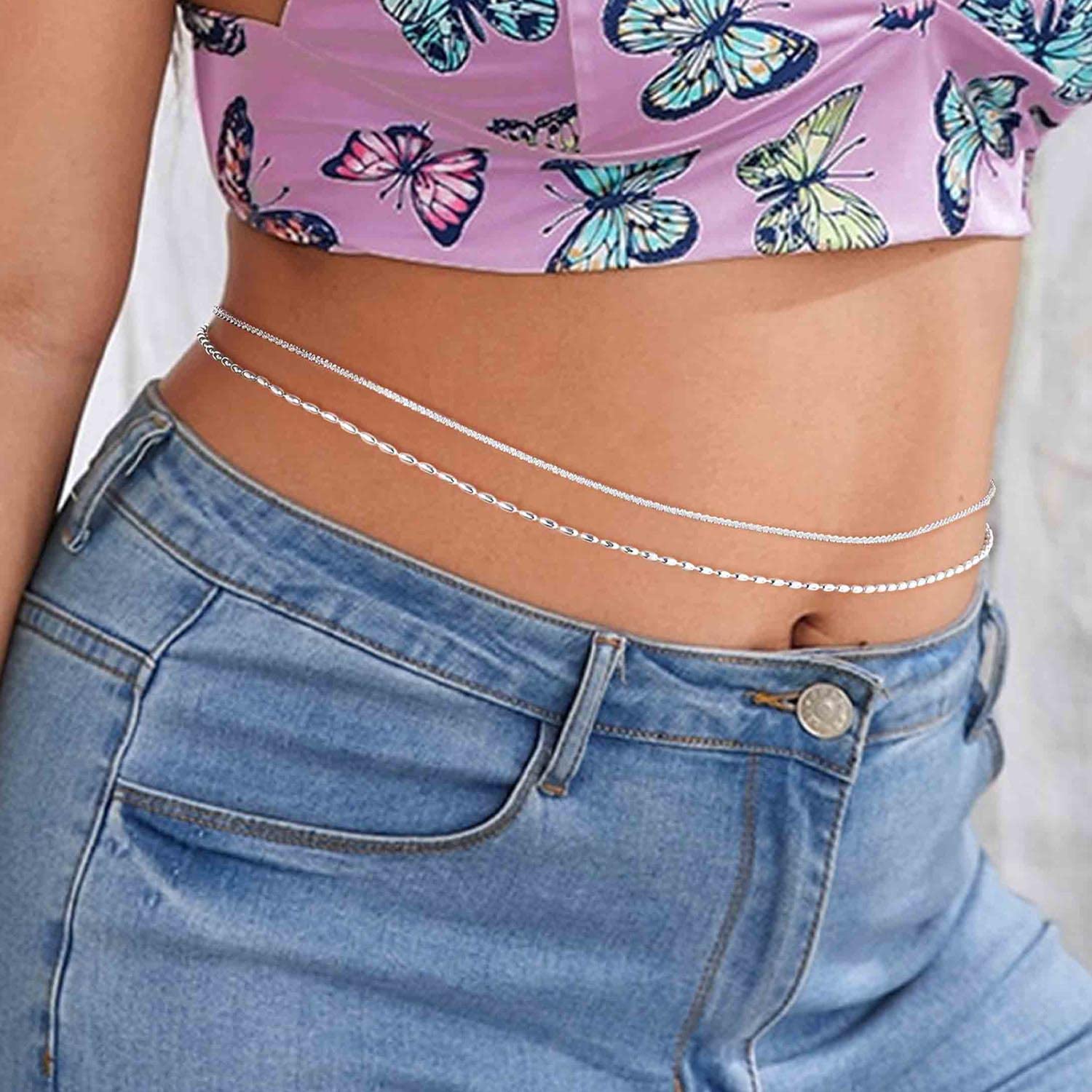 Layered Silver Beaded Waist Chain Gold Belly Chain Body Jewelry for Women - Perfect for Beach Parties, Festivals, and Summer Outfits