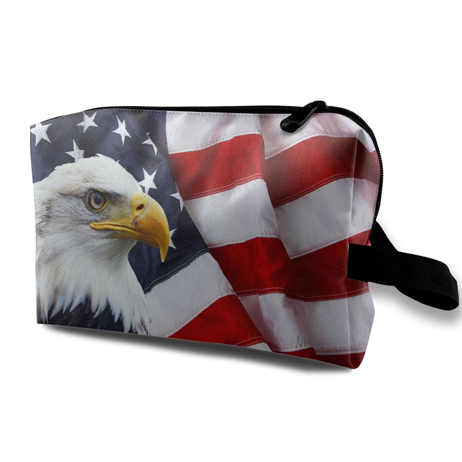 Large Makeup Bag for Women - Waterproof Travel Cosmetic Organizer with Brush Holder, Reusable Toiletry Bag (USA Flag & Bald Eagle Design) - Perfect for Travel, Gym, and Daily Makeup Storage