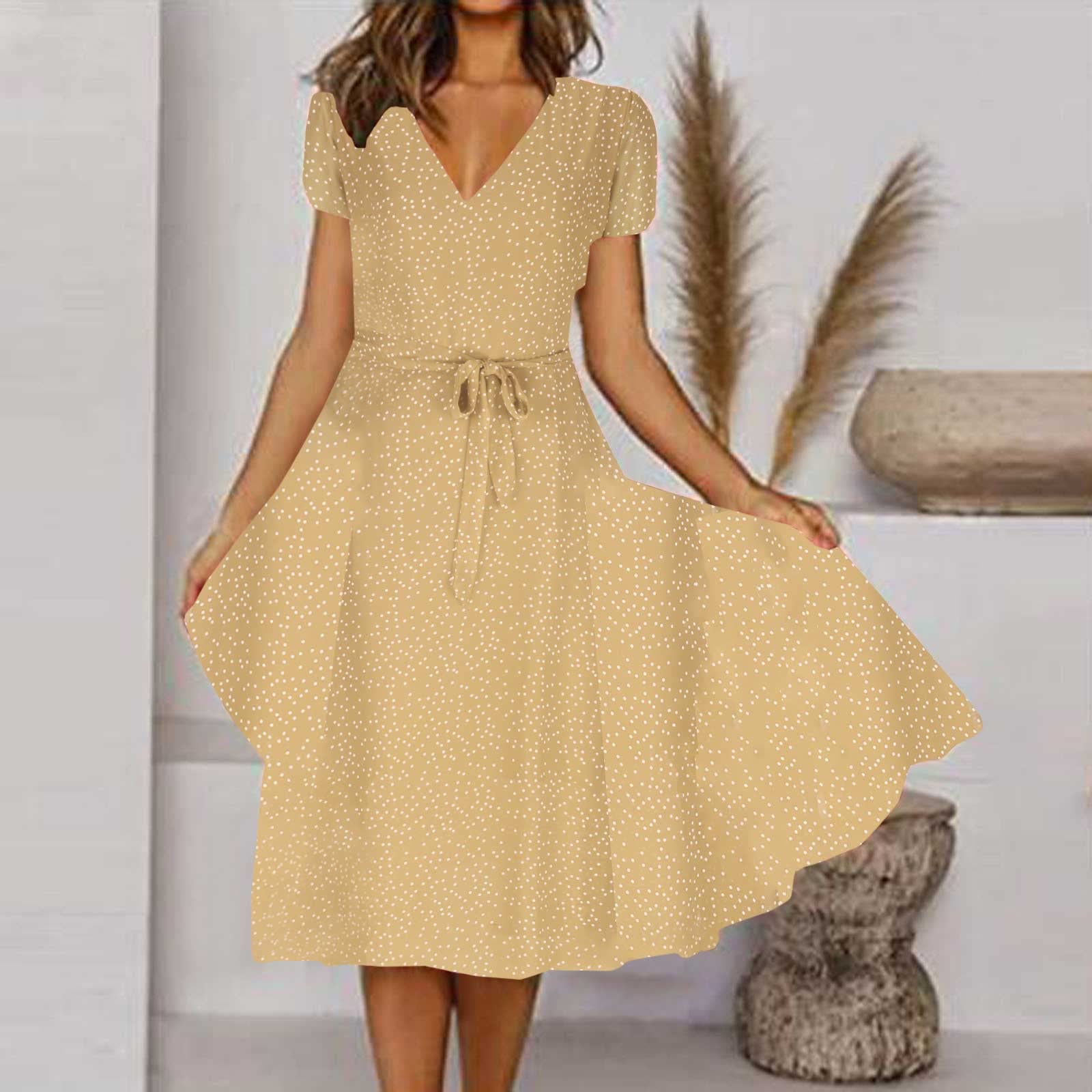 Women's Floral Boho Midi Dress - Short Sleeve Smocked V-Neck Summer Casual Dress for Beach, Vacation & Outdoor Activities | Trendy 2024 Fashion