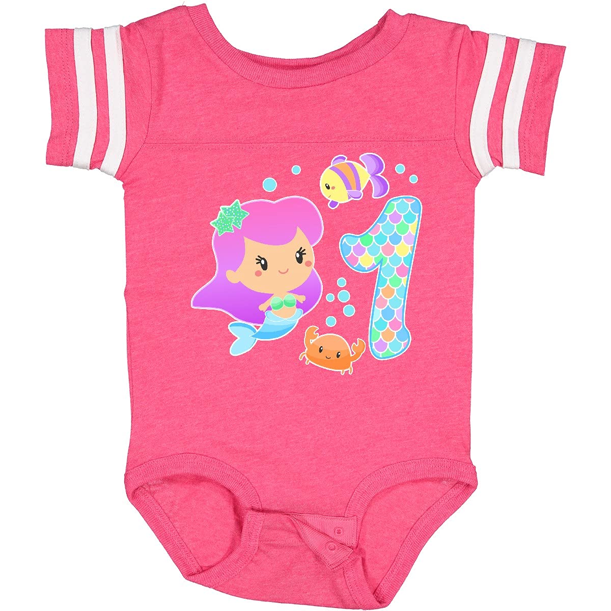 Inktastic First Birthday Mermaid with Fish and Crab Baby Bodysuit - Cute 1st Birthday Outfit for Girls, Soft Cotton Onesie, Perfect for Birthday Party, Photo Shoot & Special Occasions