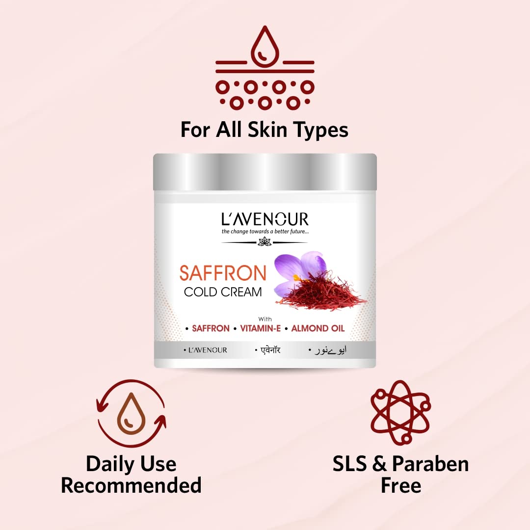 L'avenour Saffron Cold Cream - Vitamin E Enriched with Saffron & Almond Oil for Dry Skin Care | SLS & Paraben Free Moisturizing Cream for Hands & Body (100ml) | Perfect for Daily Hydration, Night Skincare Routine & Winter Skin Protection