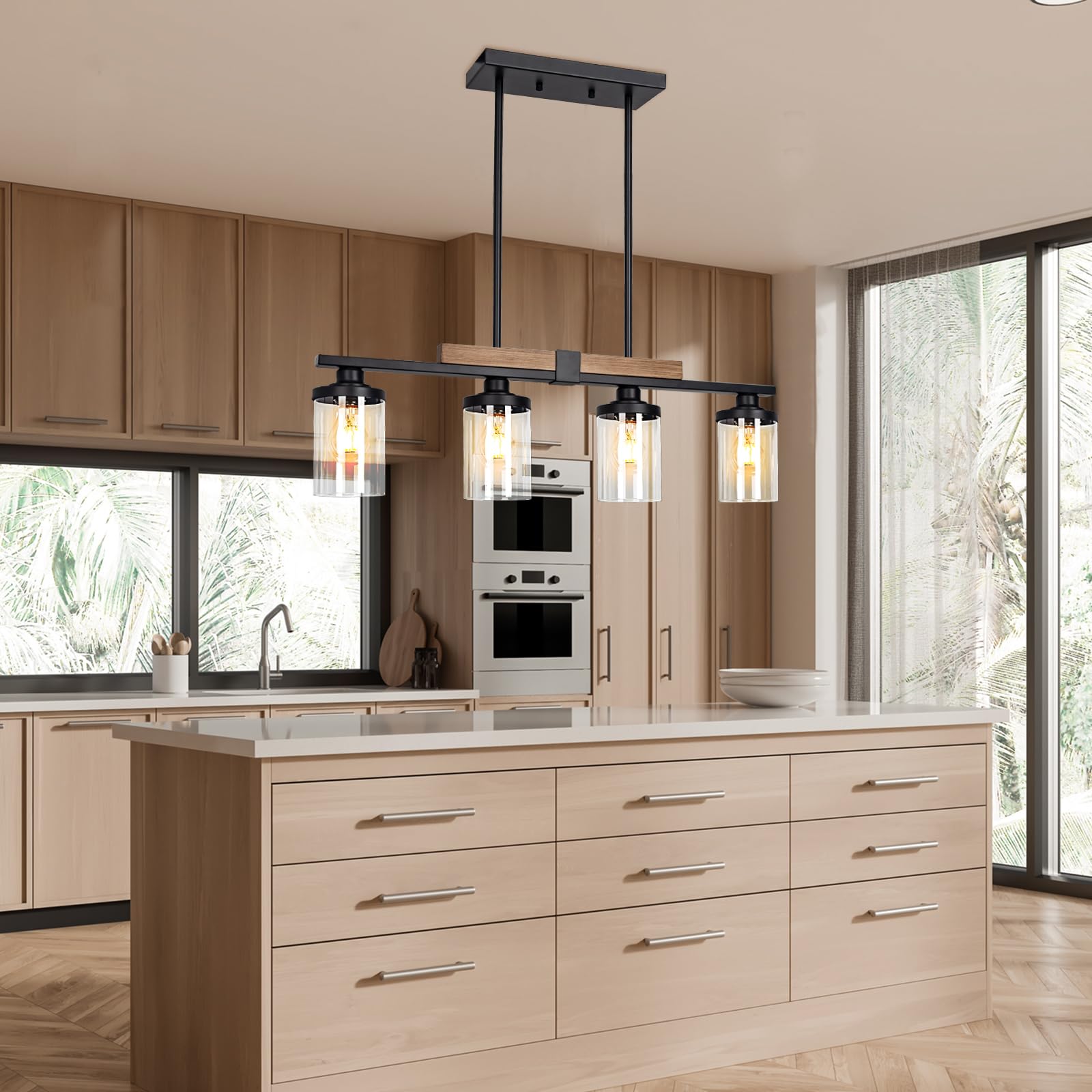 Farmhouse 4-Light Wood Chandelier - Adjustable Height Kitchen Island Pendant Lighting, Modern Industrial Black Ceiling Fixture for Dining Room & Living Room | Perfect Over Table, Breakfast Bar or Open Concept Spaces