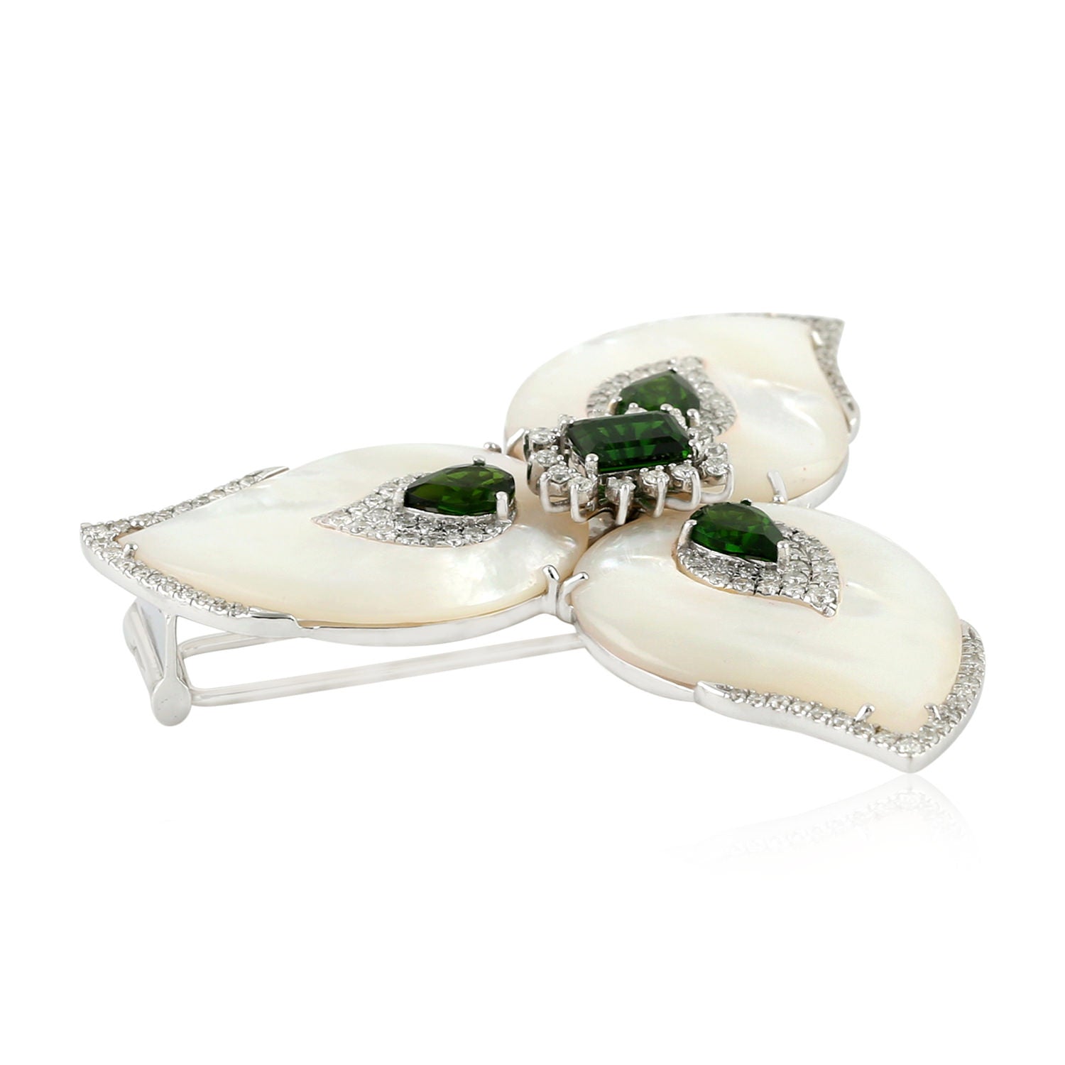 18K White Gold Carved Mother of Pearl Prong Chrome Diopside Pavé Diamond Flower Brooch Pin - Elegant Floral Jewelry for Weddings, Parties & Special Occasions