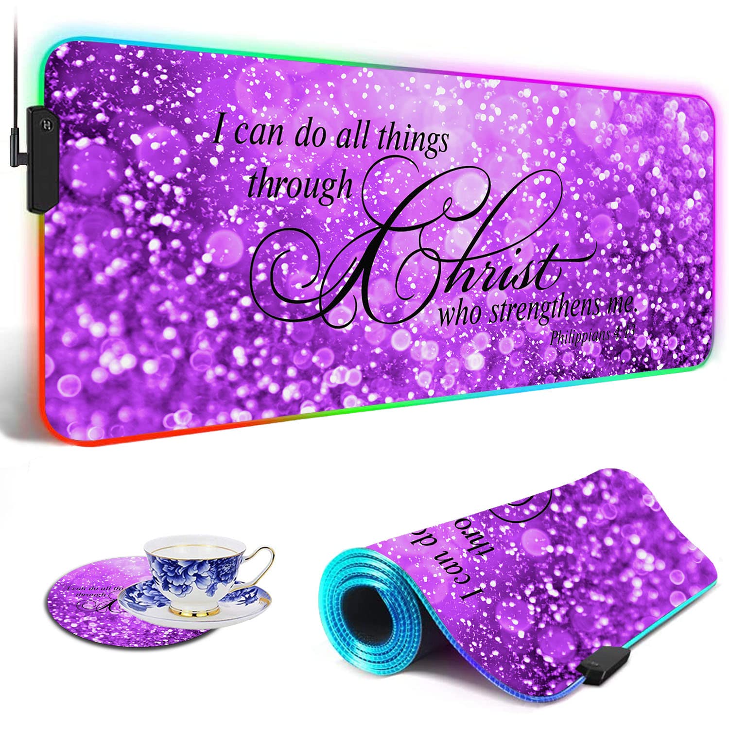 RGB Gaming Mouse Pad with LED Lights - Large Non-Slip Desk Mat for Keyboard & Mouse - Waterproof Optical Surface - Purple Bible Verse Design (Philippians 4:13) - Perfect for PC Gaming, Office Work & Home Computer Setup