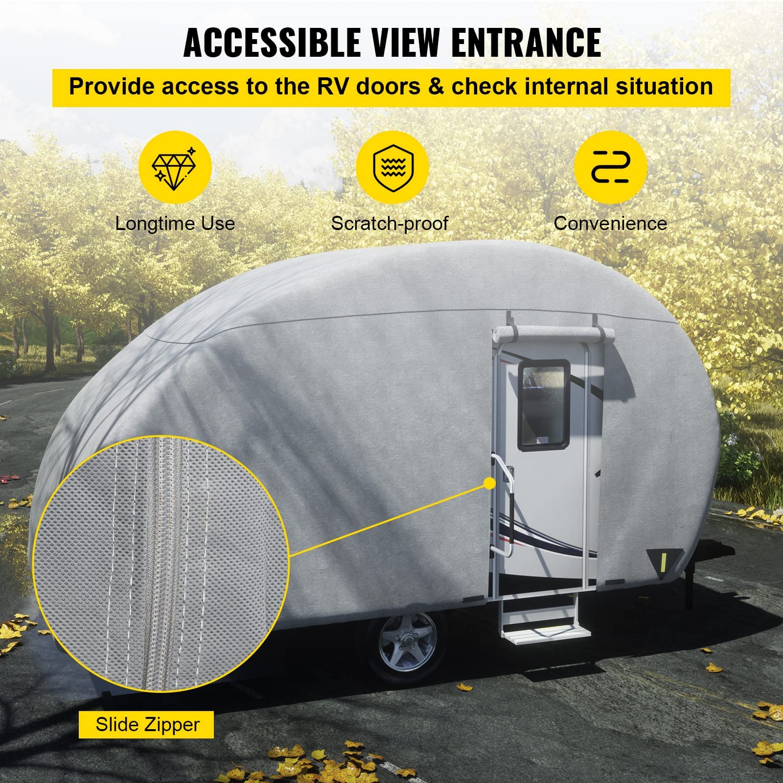 VEVOR 10'-12' Teardrop Trailer Cover - 4-Layer UV-Proof Waterproof Camper Cover with Windproof Straps & Storage Bag - Perfect for Outdoor Travel & Winter Storage Protection