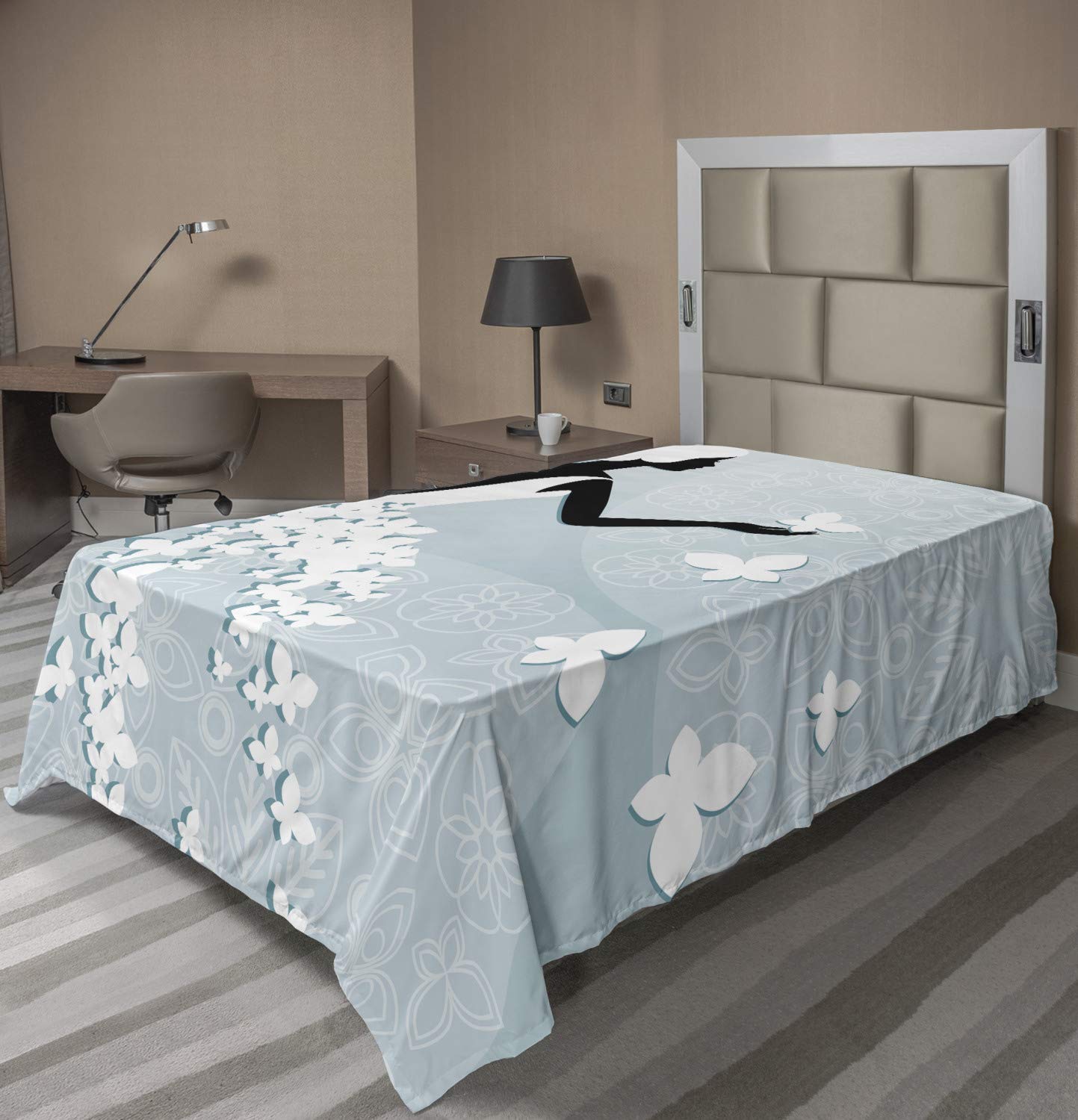 Ambesonne Bridal Shower Flat Sheet - Twin Size Soft Comfortable Abstract Floral Print Top Sheet with Bride & Butterfly Design in Pale Blue & White | Perfect for Wedding Decor, Guest Bedding & Special Occasion Home Decor