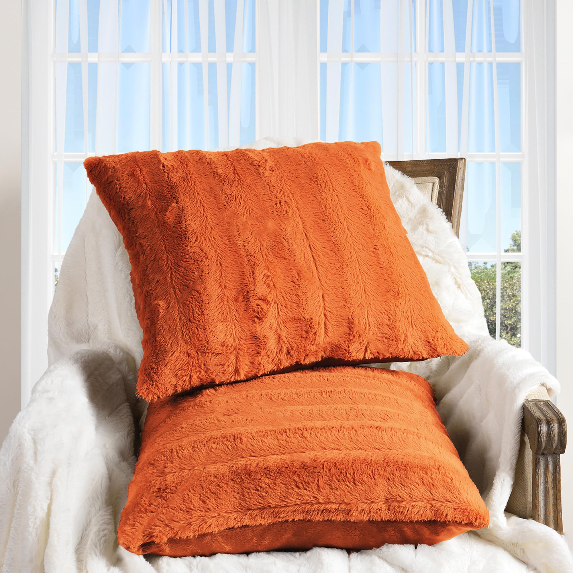 Cheer Collection Faux Fur Throw Pillows Set of 2 - 24x24 Inch Soft Decorative Cushions for Sofa, Bed & Living Room - Cozy Rust Accent Pillows for Bedroom Aesthetic & Home Decor | Perfect for Cozy Nights, Lounge Relaxation & Stylish Interior Design