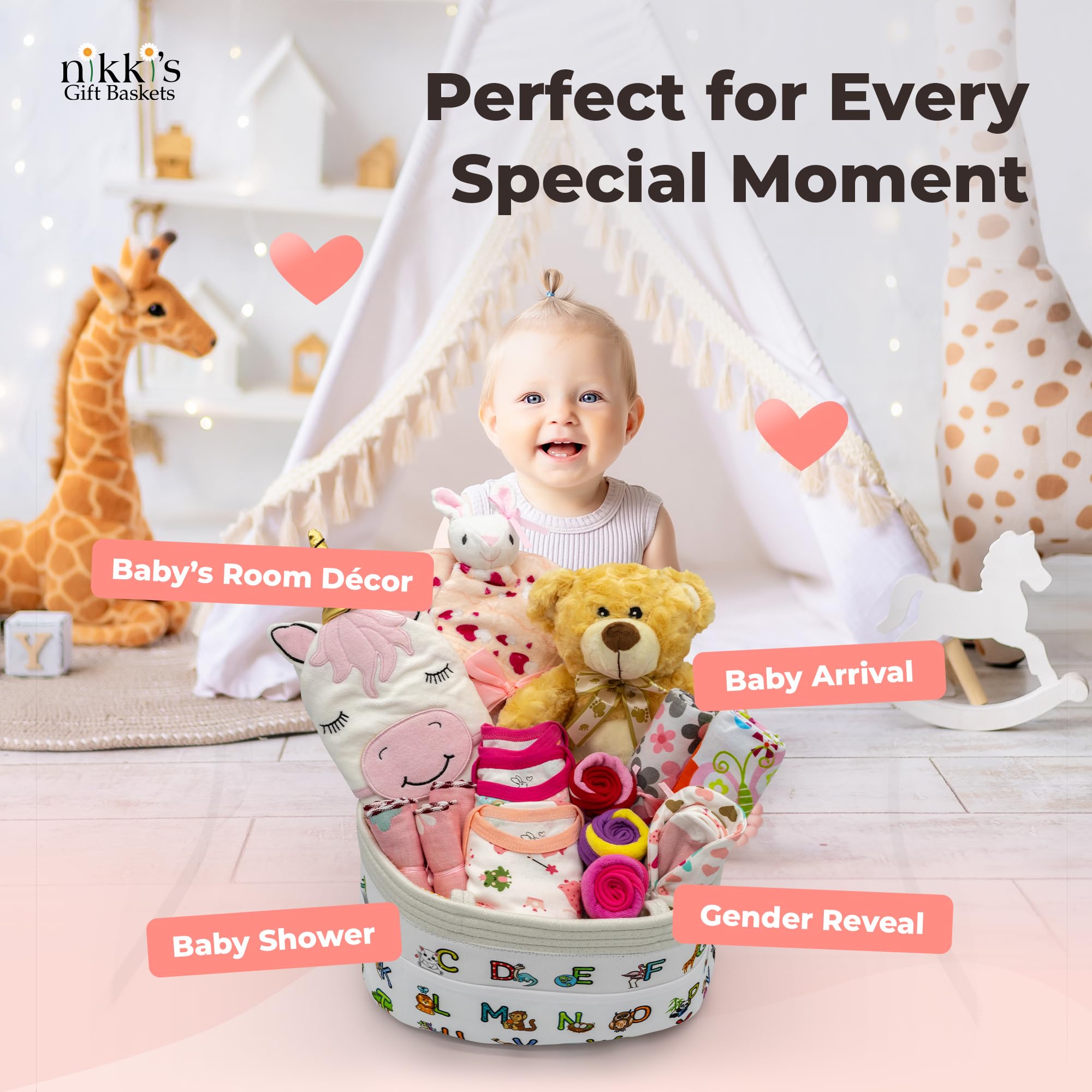 Joyful Arrival Deluxe Baby Girl Gift Basket - 20-Piece Newborn Gift Set for Expecting Moms | Gender Reveal & Baby Shower Present | Pink Baby Gift Basket with Plush Blanket, Onesies & Essentials | Perfect for Hospital Welcome & New Mom Care Package