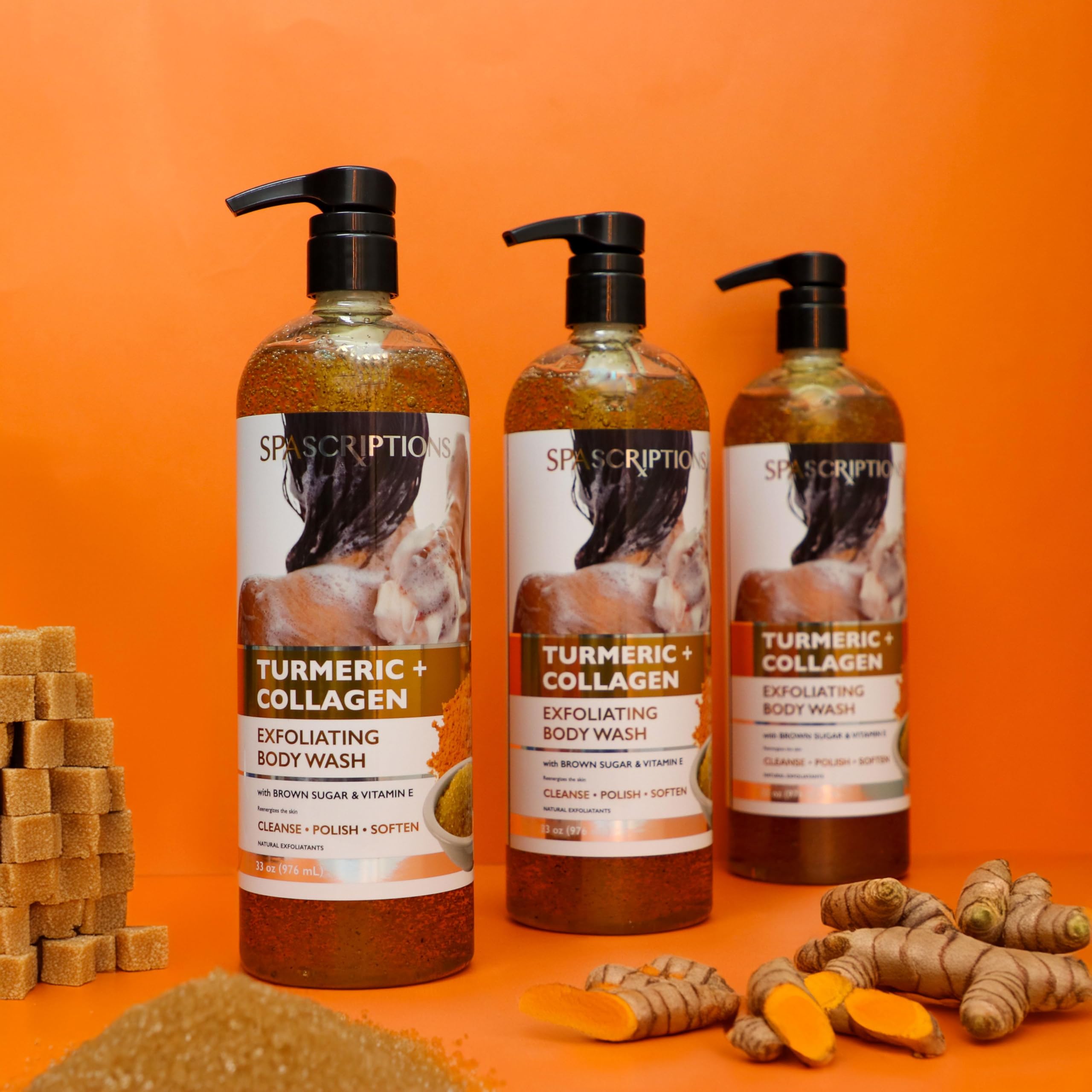 Turmeric & Collagen Exfoliating Body Wash - 33oz Brightening Body Scrub with Brown Sugar & Vitamin E | Deep Cleansing, Skin Nourishment & Glow Boost | Cruelty-Free Spa Treatment for Dry, Dull Skin | Perfect for Shower & Self-Care Routine