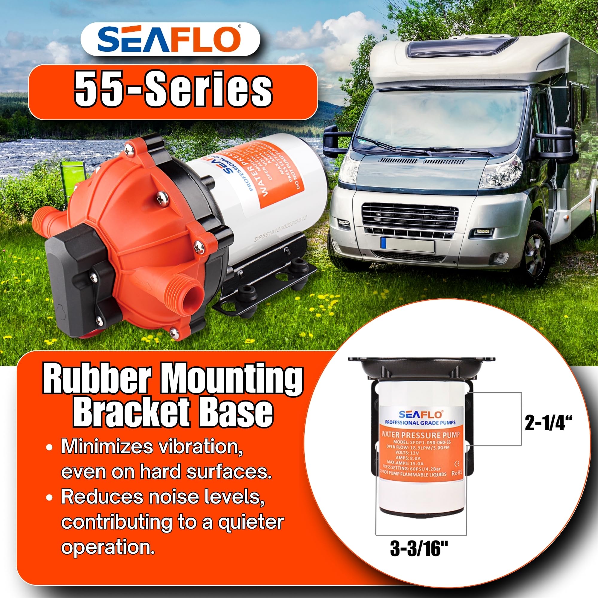 SEAFLO 55-Series 12V DC Diaphragm Water Pump - 5.5 GPM, 60 PSI with Heavy Duty Pressure Switch | Self-Priming, Quiet Operation, 4-Year Warranty | Perfect for RV Water Systems, Marine Applications, Off-Grid Living & Portable Water Transfer