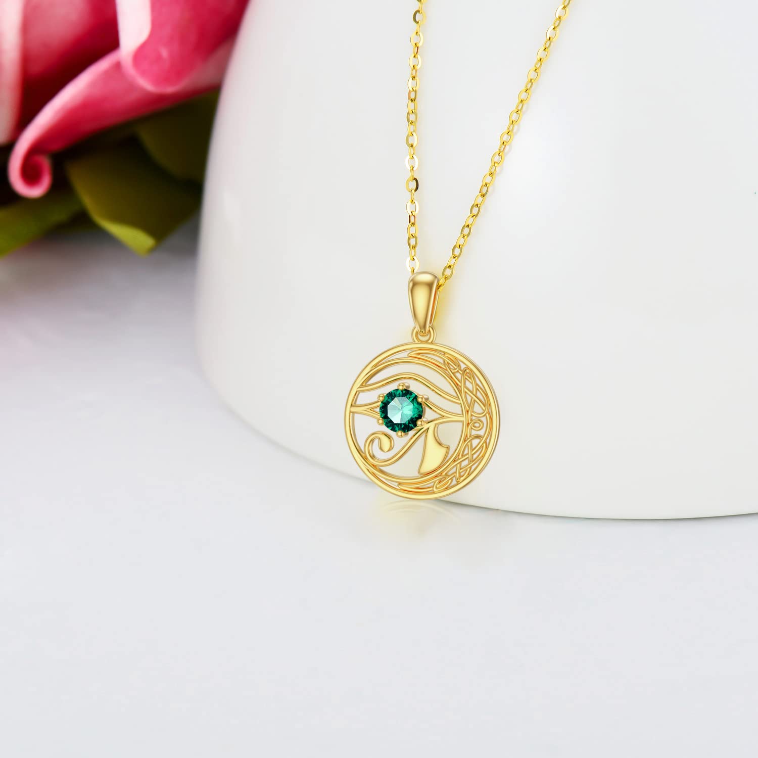 14K Gold Eye of Horus Necklace with Genuine Emerald - Irish Celtic Knot Pendant for Women, Elegant 16