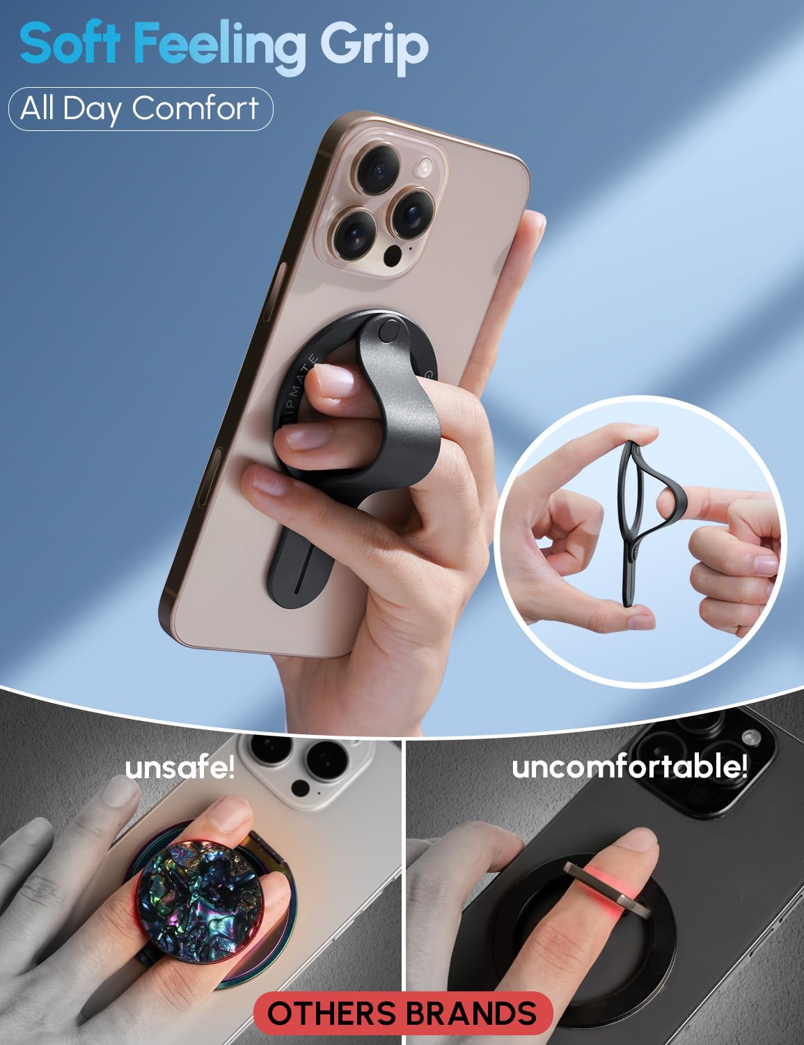 Magnetic Phone Grip for iPhone 16/15/14/13/12 - Detachable Ring Holder for Comfortable Use at Home & Travel